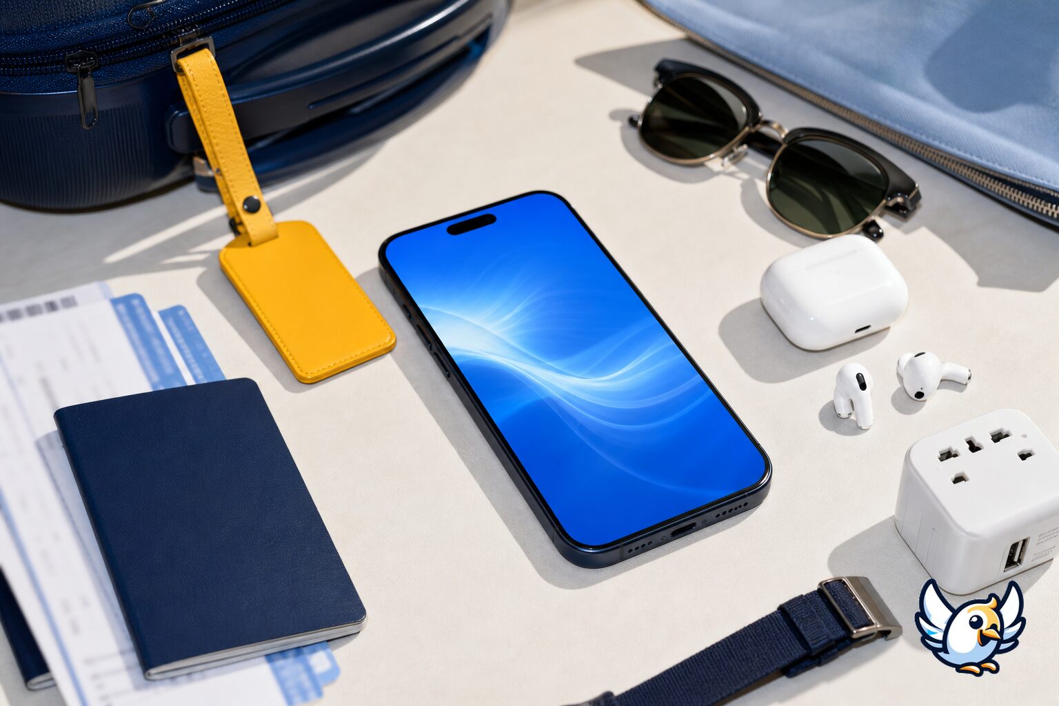 iPhone met paspoort en reisaccessoires voor mobiele verbinding