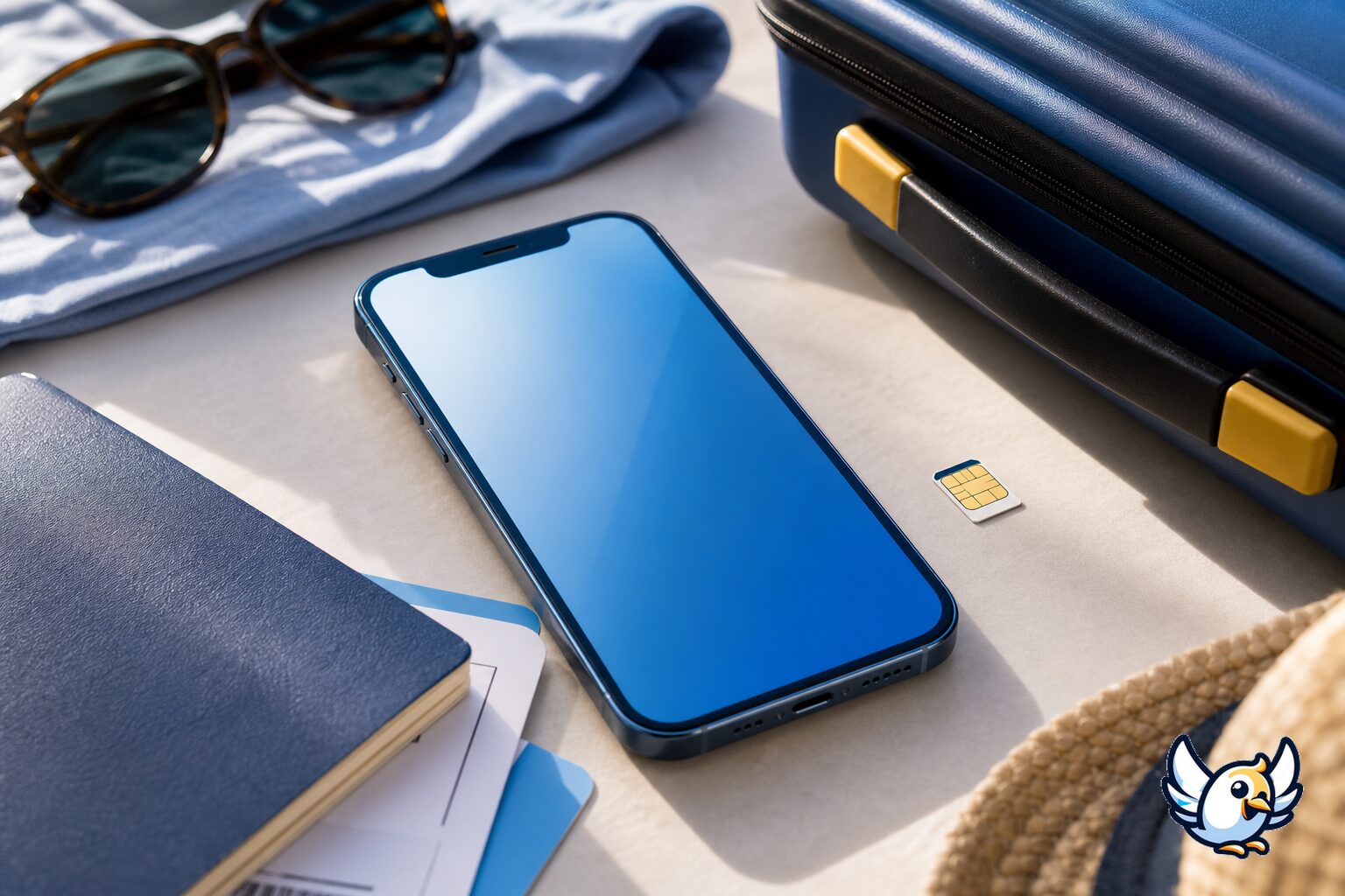 iPhone 13 Pro Max med fysiskt SIM-kort och reseväska