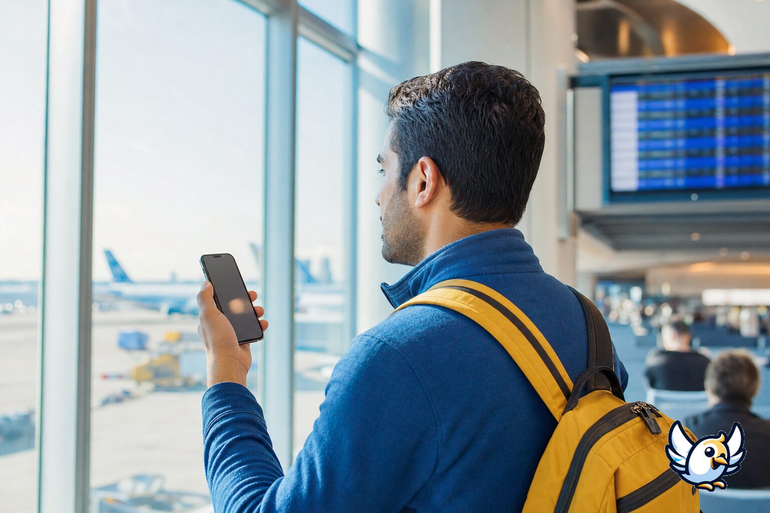 Resenär använder iPhone 13 vid flygplatsfönster