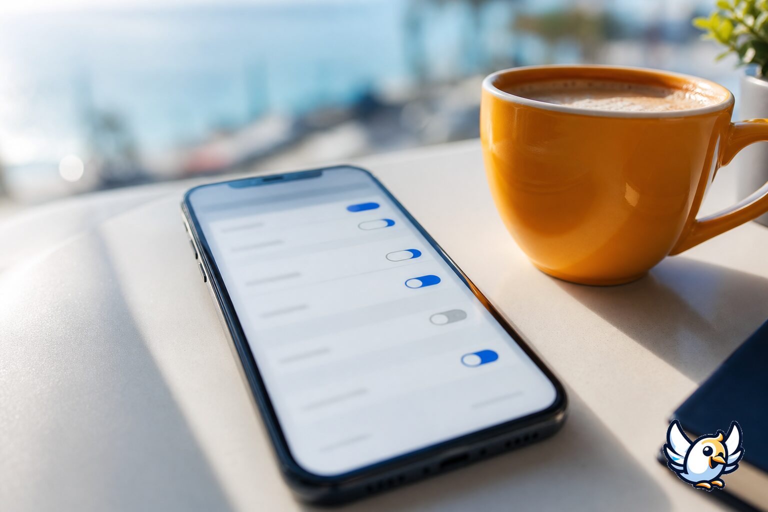 iPhone med mobilnätsinställningar och kaffekopp