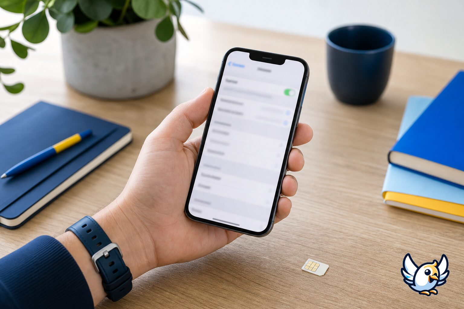 iPhone med dual SIM og fysisk SIM-kort på skrivebord