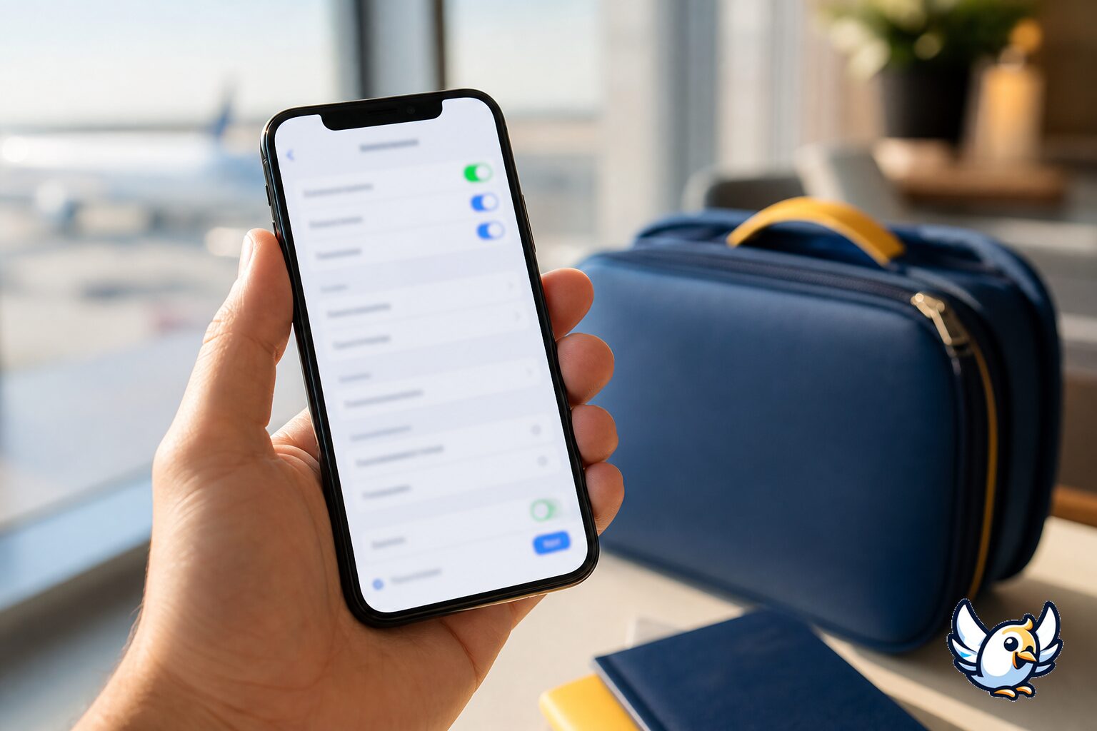 iPhone med mobilnetværksindstillinger og rejsetaske