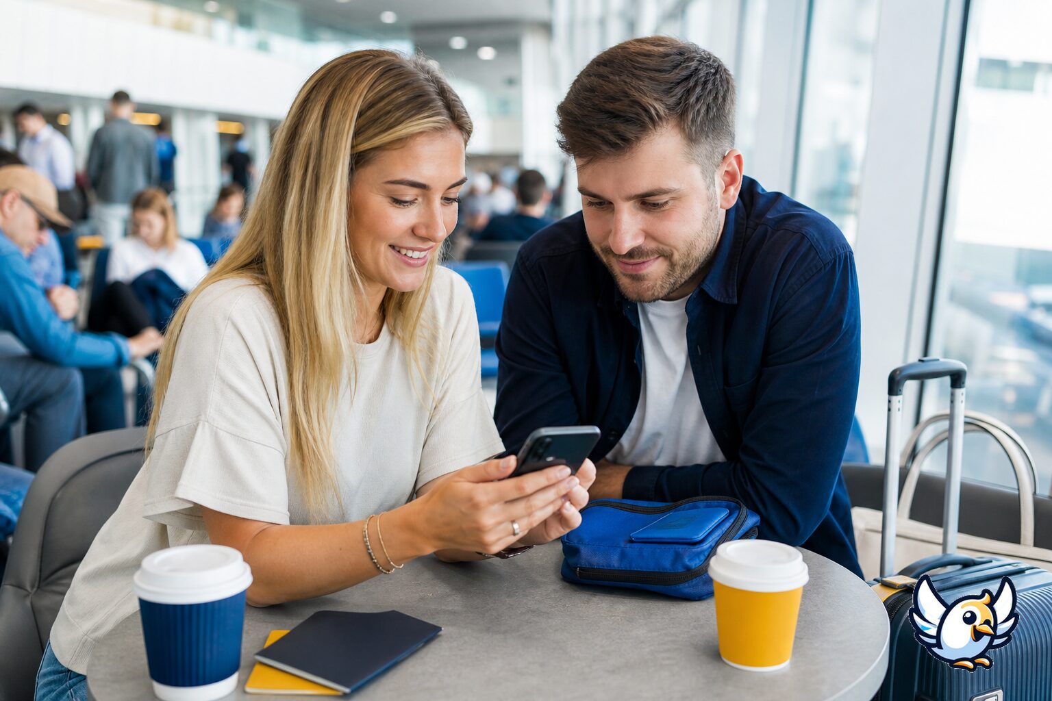 Rejsende aktiverer mobildata på iPhone i lufthavnen