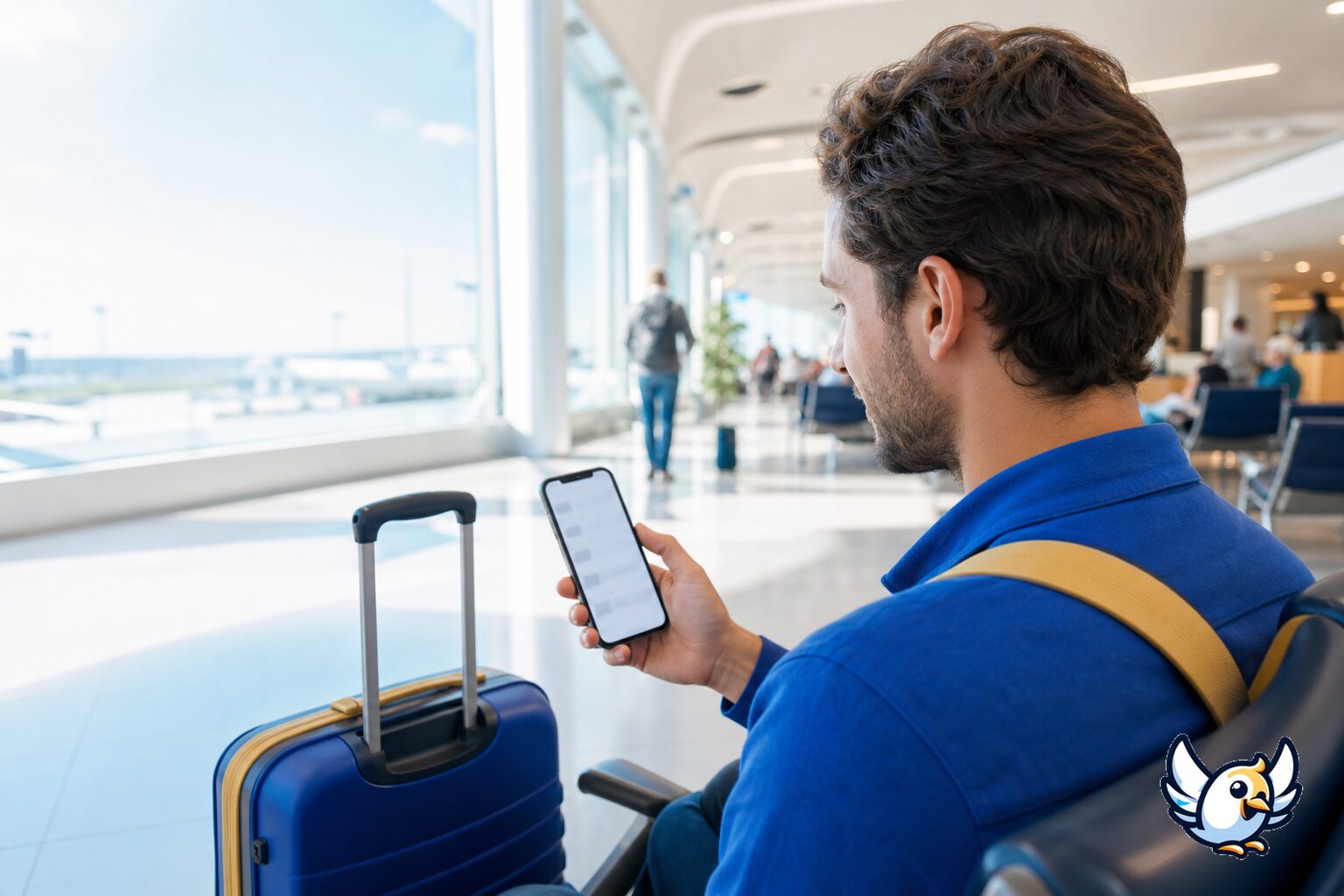 Reisender pr&uuml;ft eSIM-Einstellungen am Flughafen