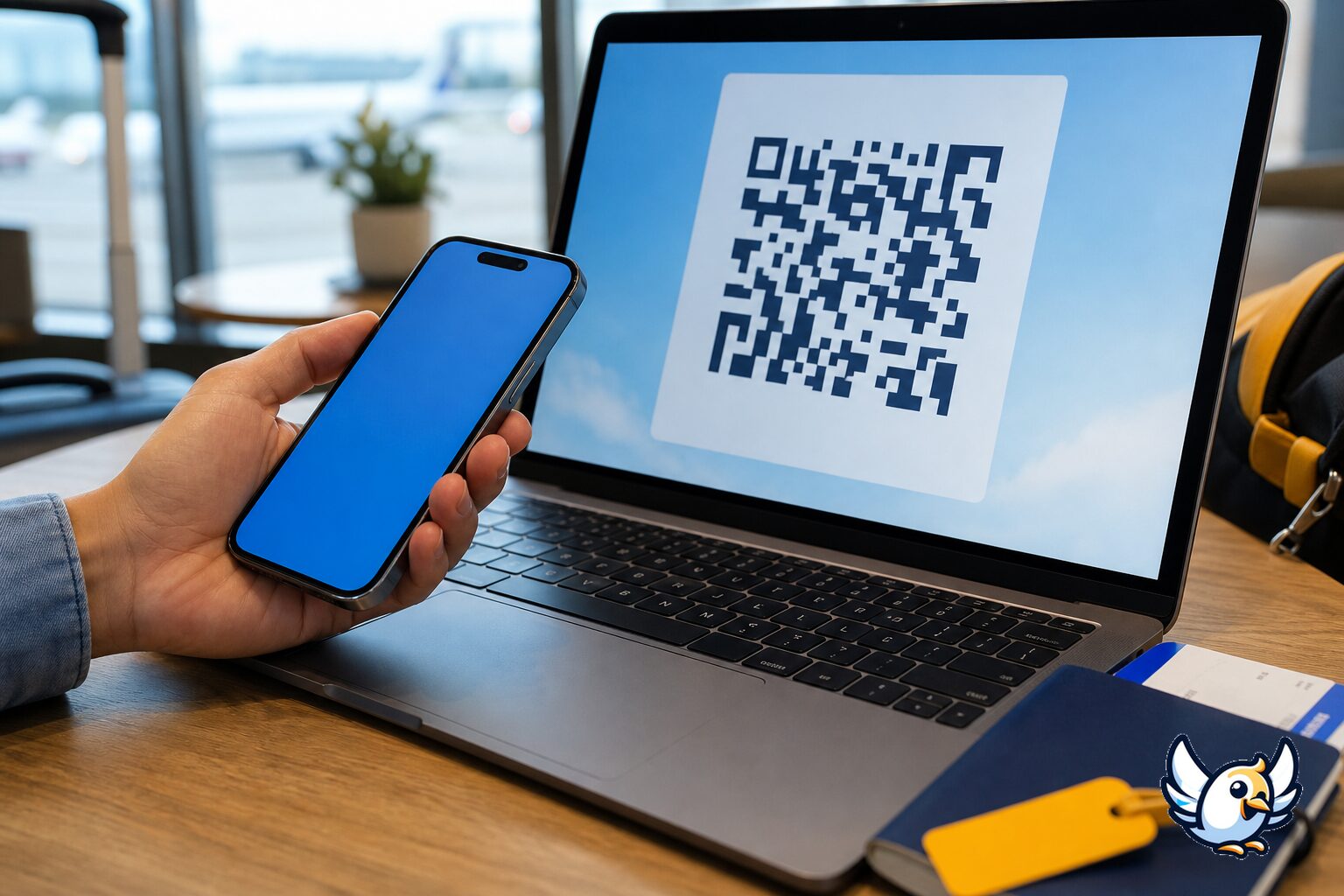 Smartphone scannt eSIM-QR-Code am Laptop