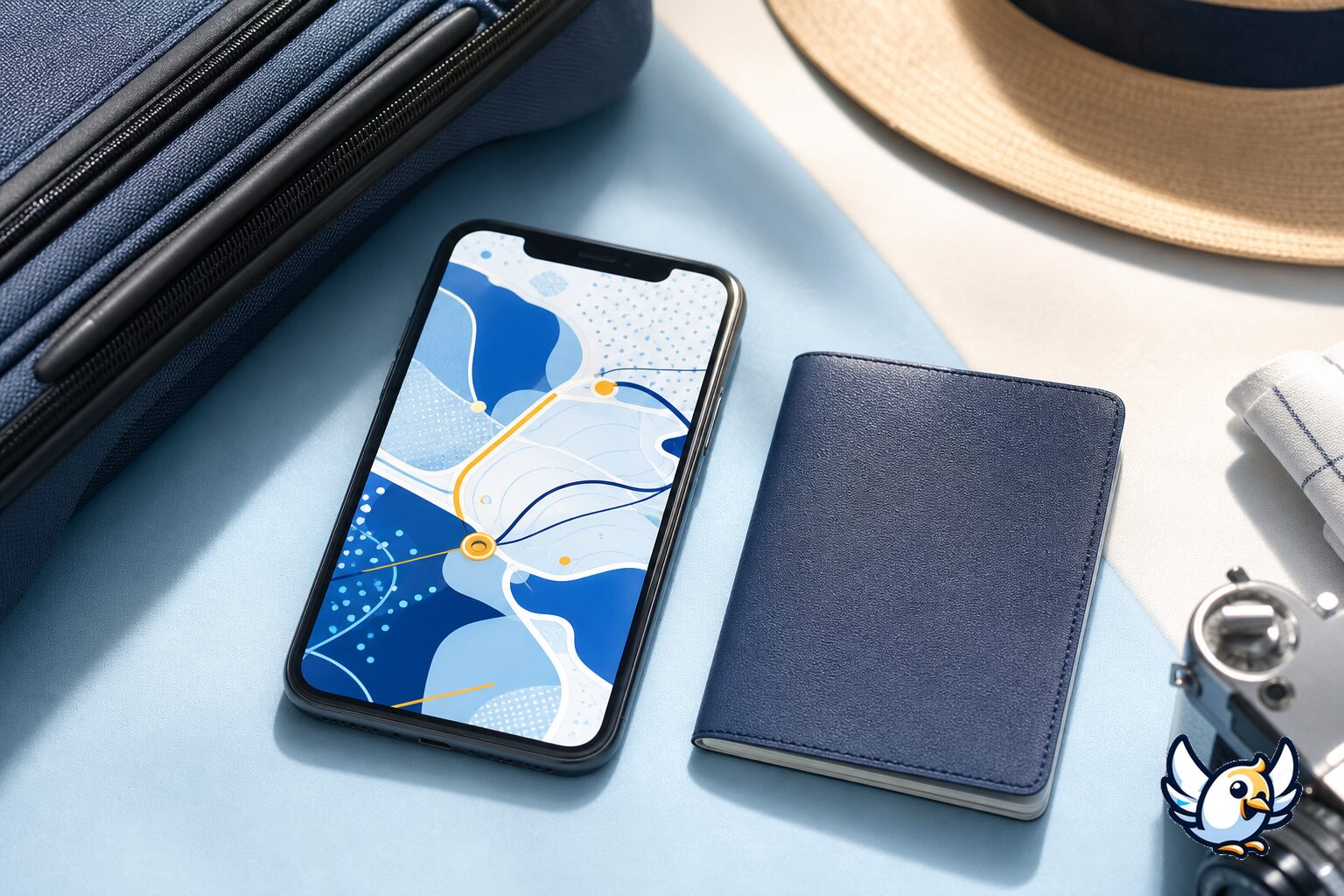 Smartphone mit Reisepass und Gep&auml;ck f&uuml;r digitale Reiseplanung