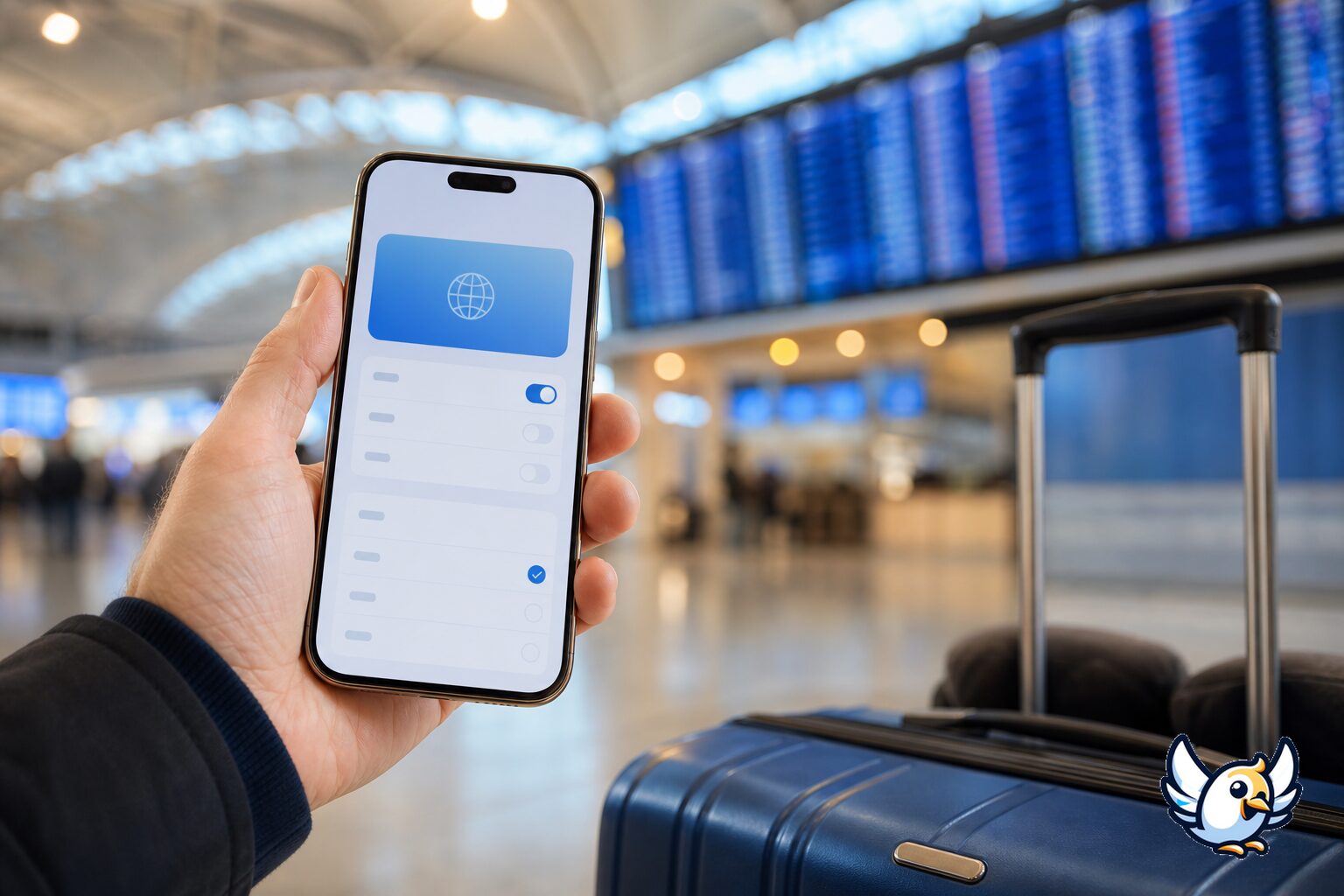 Moderni iPhone eSIM-asetuksissa lentokent&auml;ll&auml;