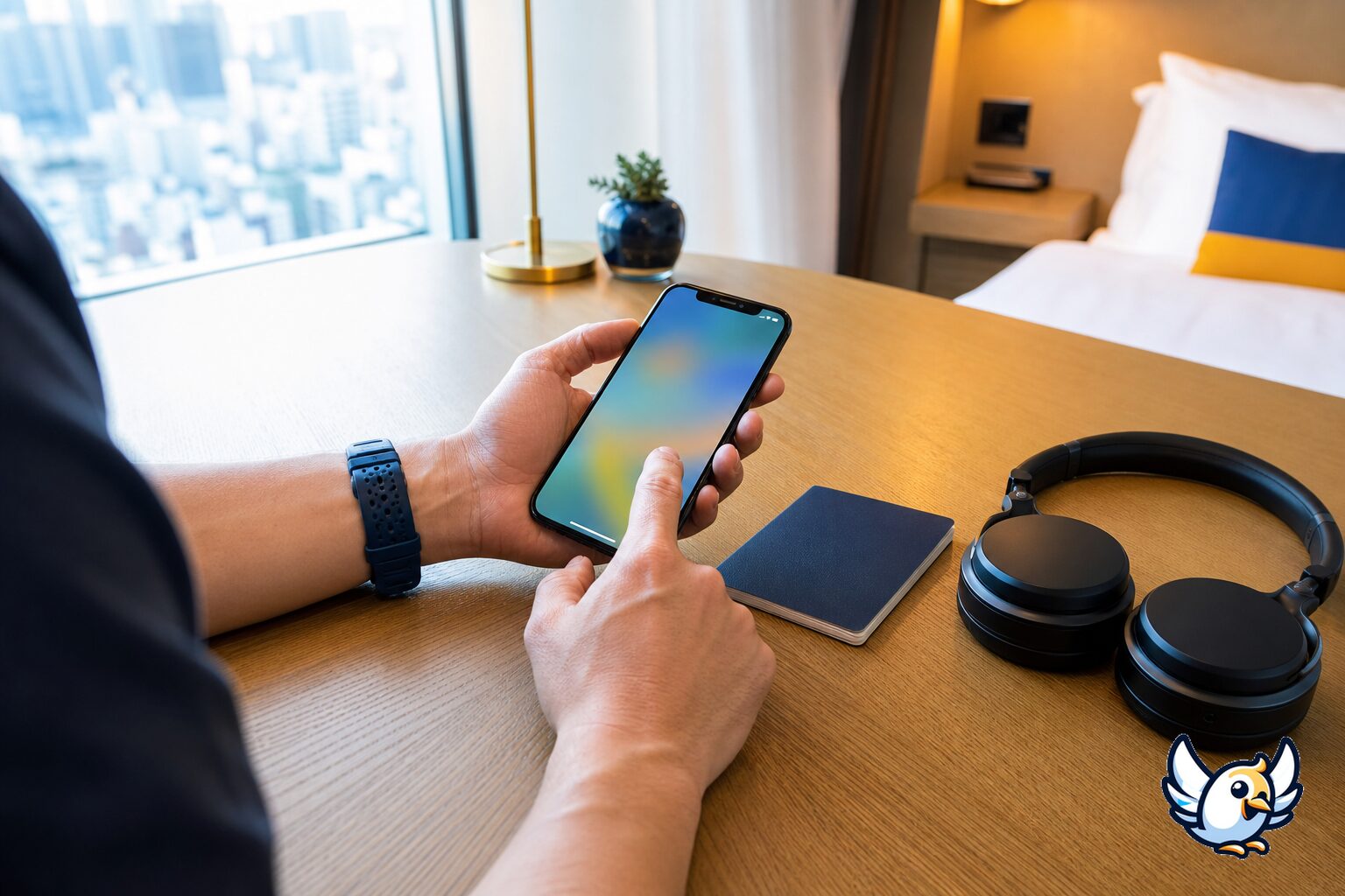 Matkustaja aktivoi eSIMin iPhonella hotellihuoneessa