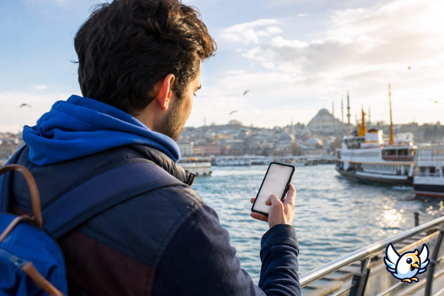 Resenär i Istanbul kontrollerar dataroaming inför Turkietresan