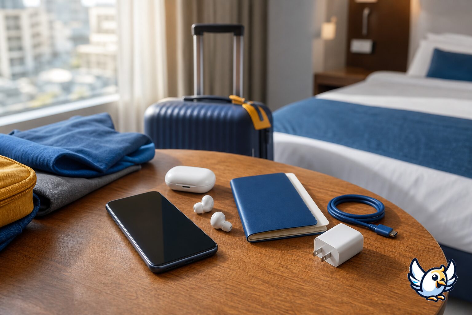 Samsung-puhelimen ja eSIMin tarkistus hotellihuoneessa ennen matkaa