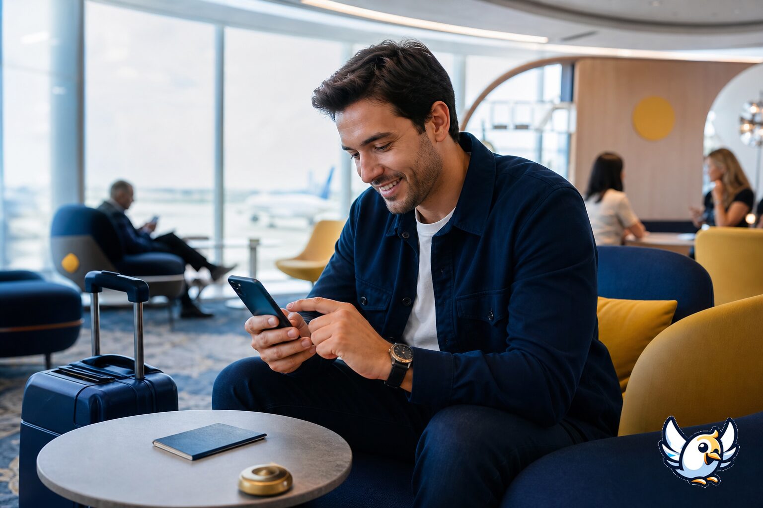 Traveler activating an eSIM in an airport lounge