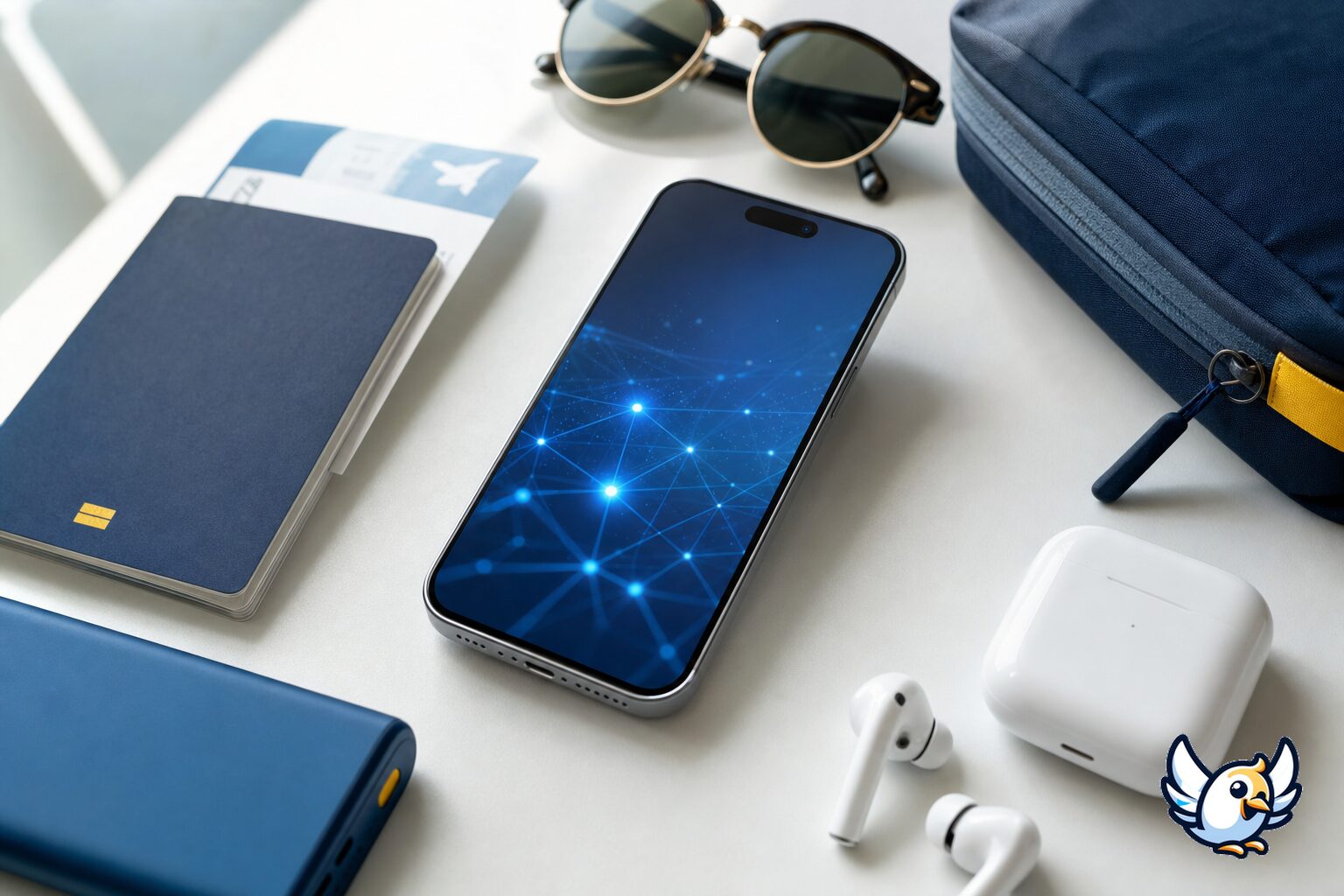 iPhone 15 med eSIM og rejsetilbeh&oslash;r
