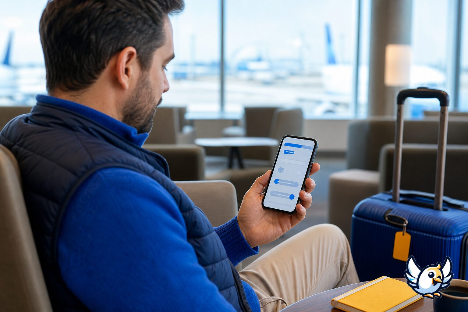 Rejsende tjekker ICCID nummer i mobilindstillinger i en lufthavnslounge