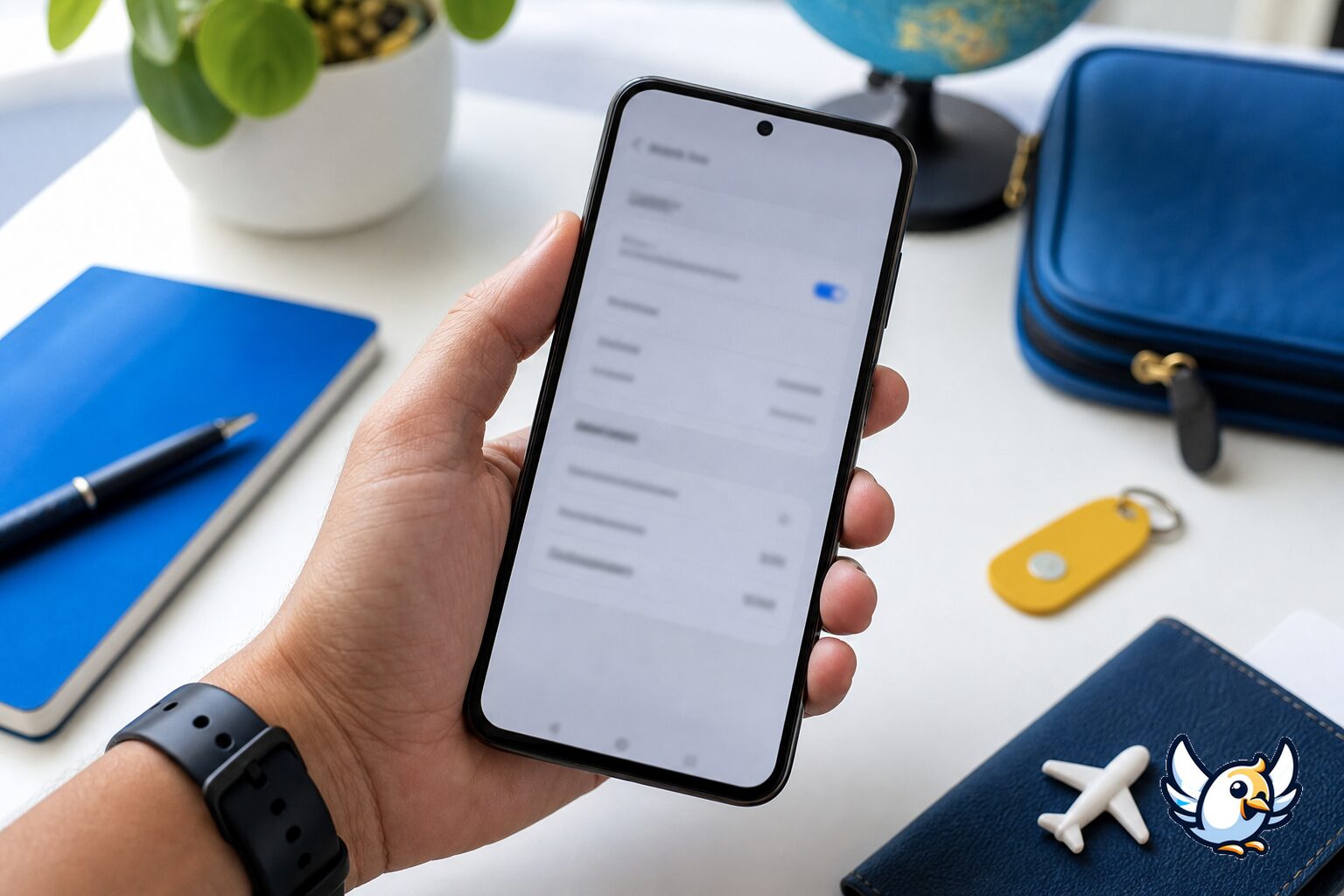 H&aring;nd tjekker eSIM og ICCID oplysninger p&aring; en Android-telefon ved skrivebordet