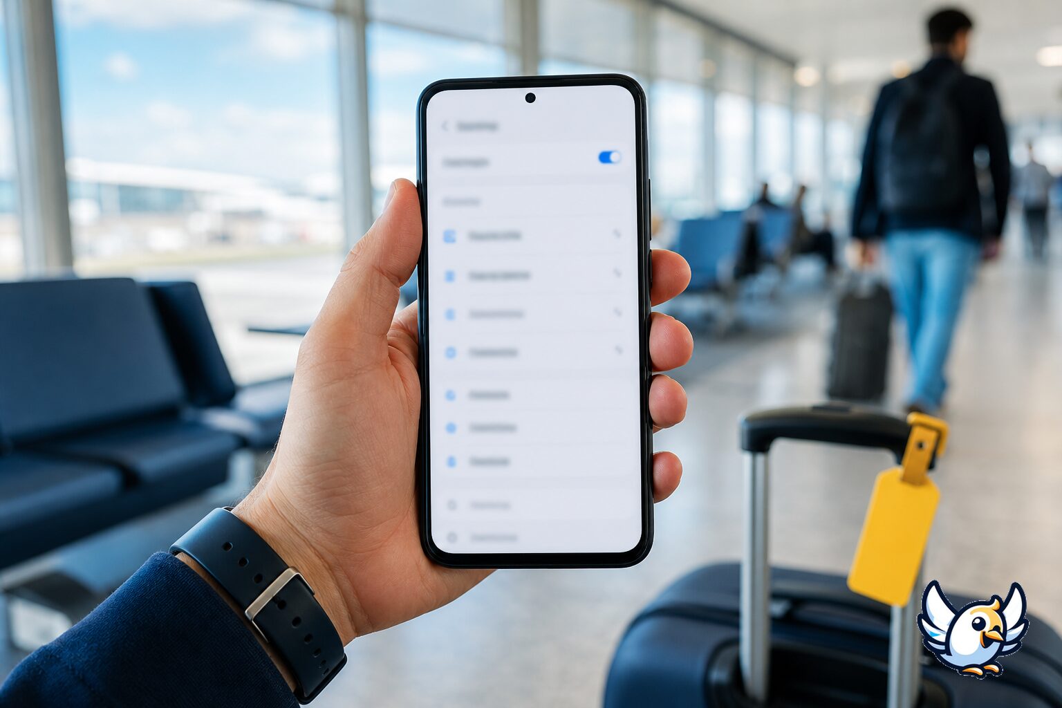 Android-telefon med mobildataindstillinger i lufthavnen
