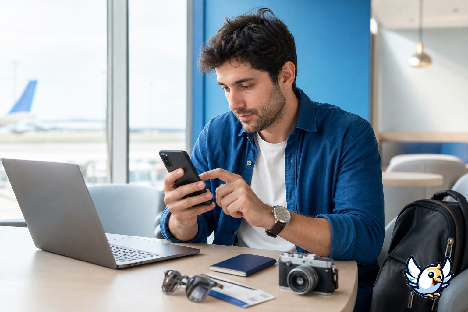 Person fejlfinder mobildata p&aring; Android ved et caf&eacute;bord
