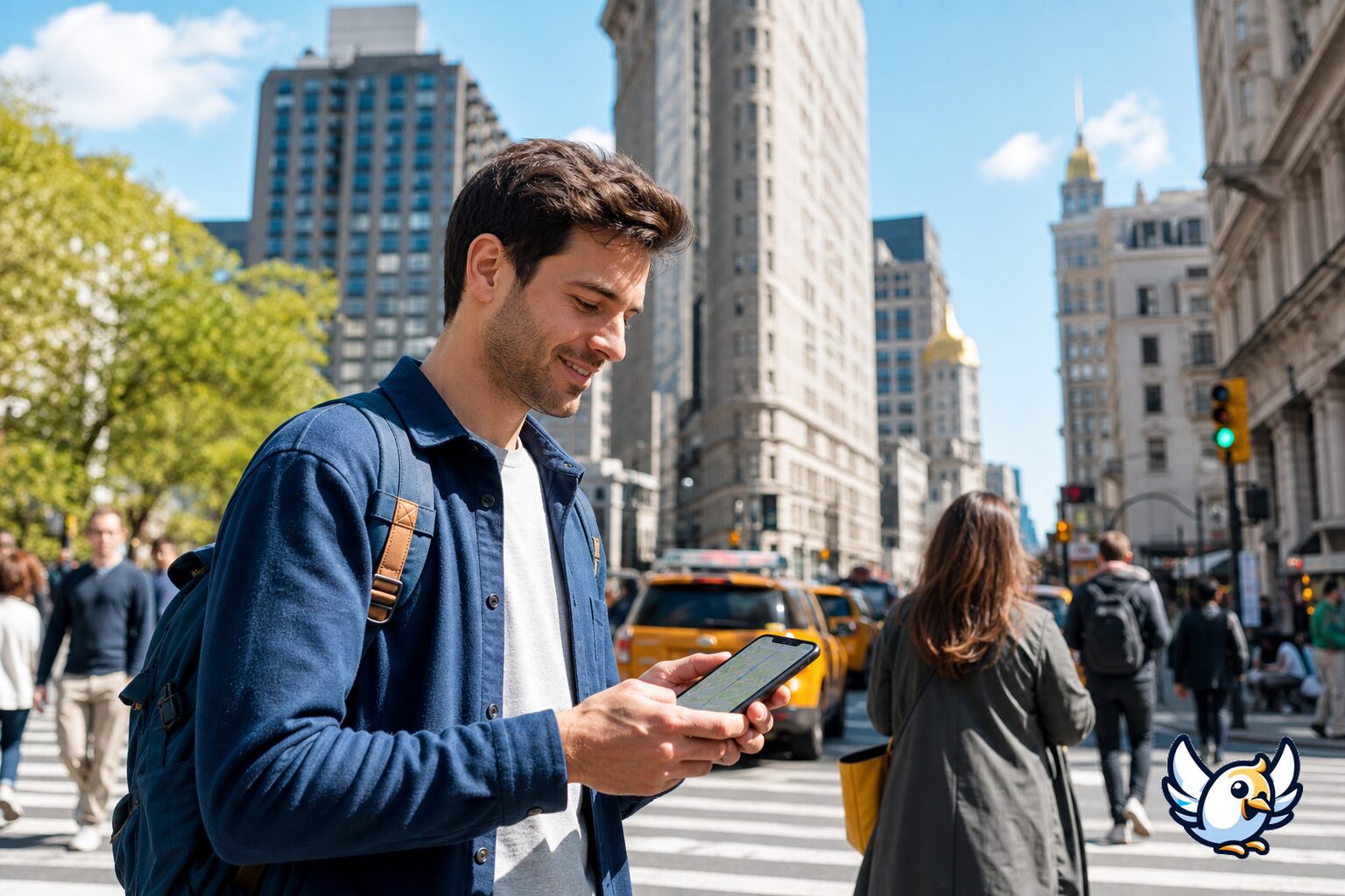 Traveler using mobile maps with an eSIM in New York