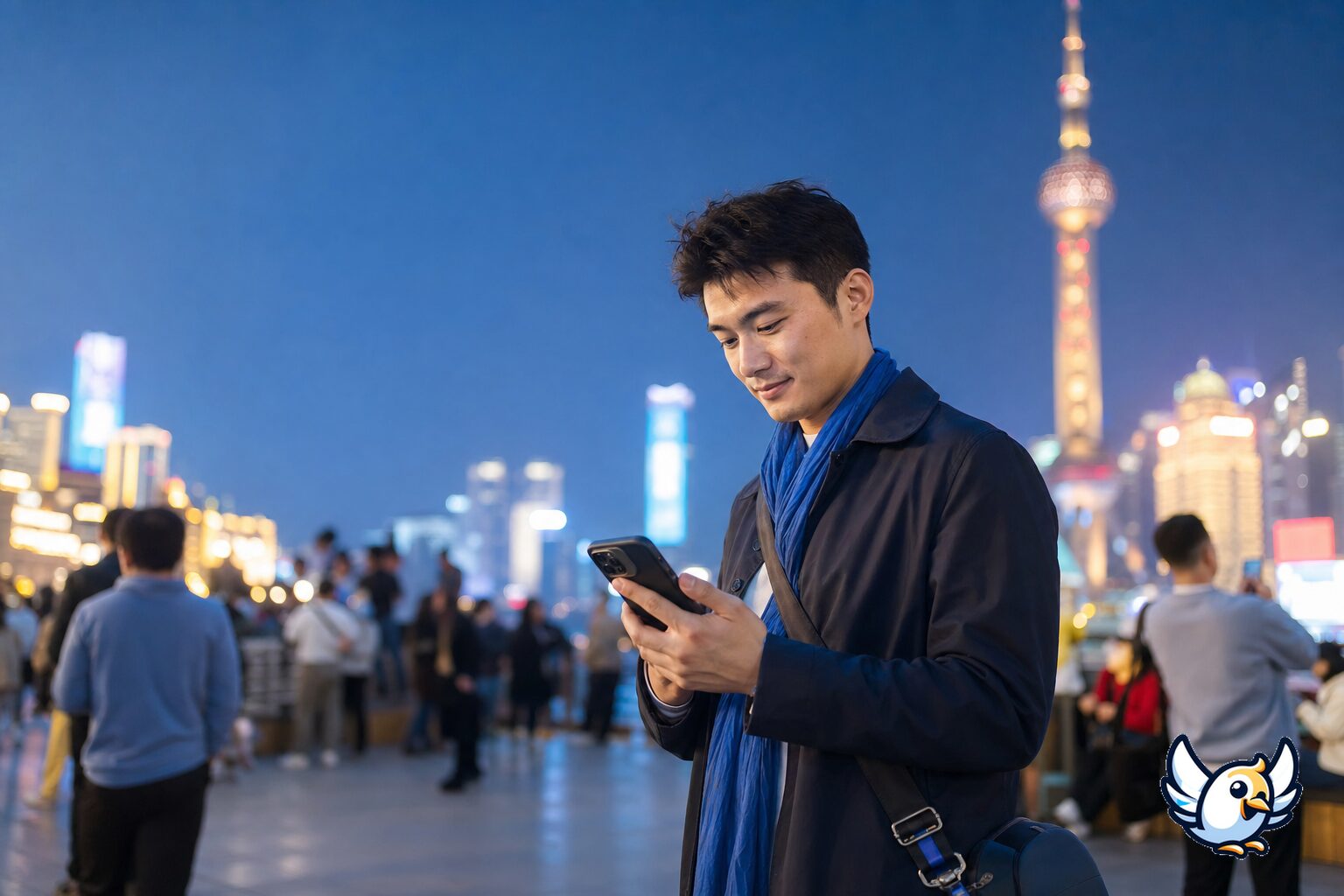Voyageur connect&eacute; avec une eSIM dans une rue anim&eacute;e de Shanghai