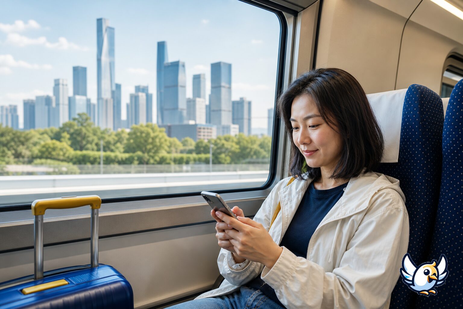 Voyageuse utilisant son eSIM dans un train &agrave; grande vitesse en Chine