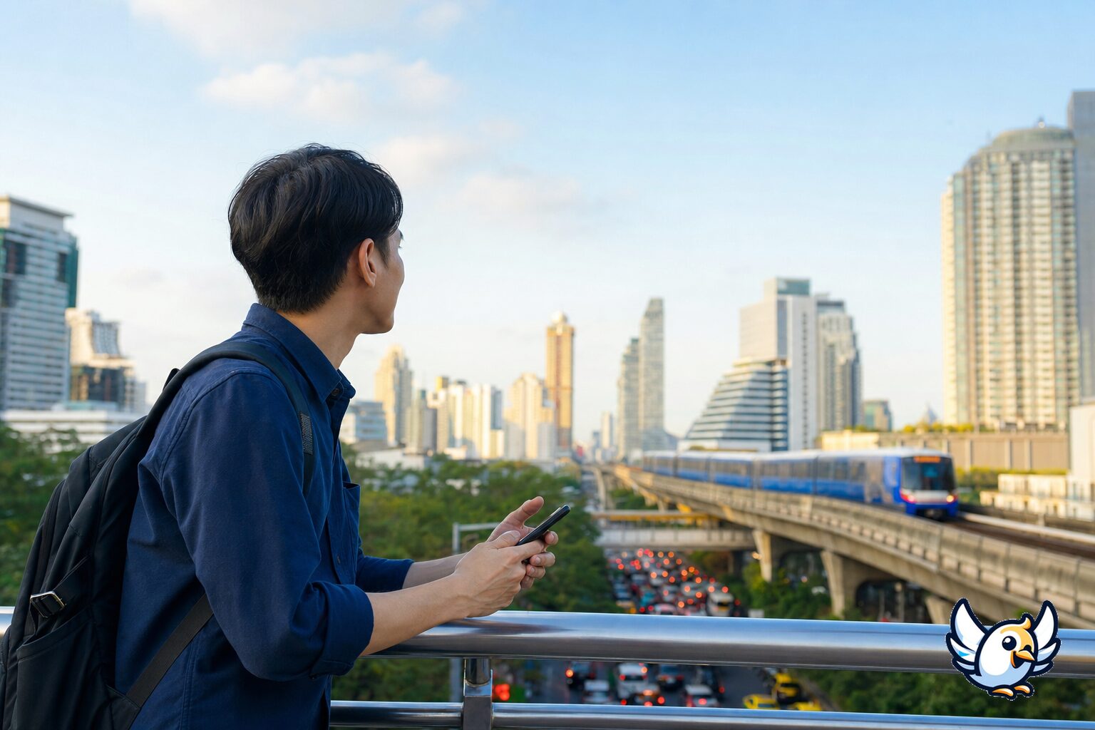 Cestovateľ použ&iacute;va mobiln&yacute; internet pri v&yacute;hľade na Bangkok