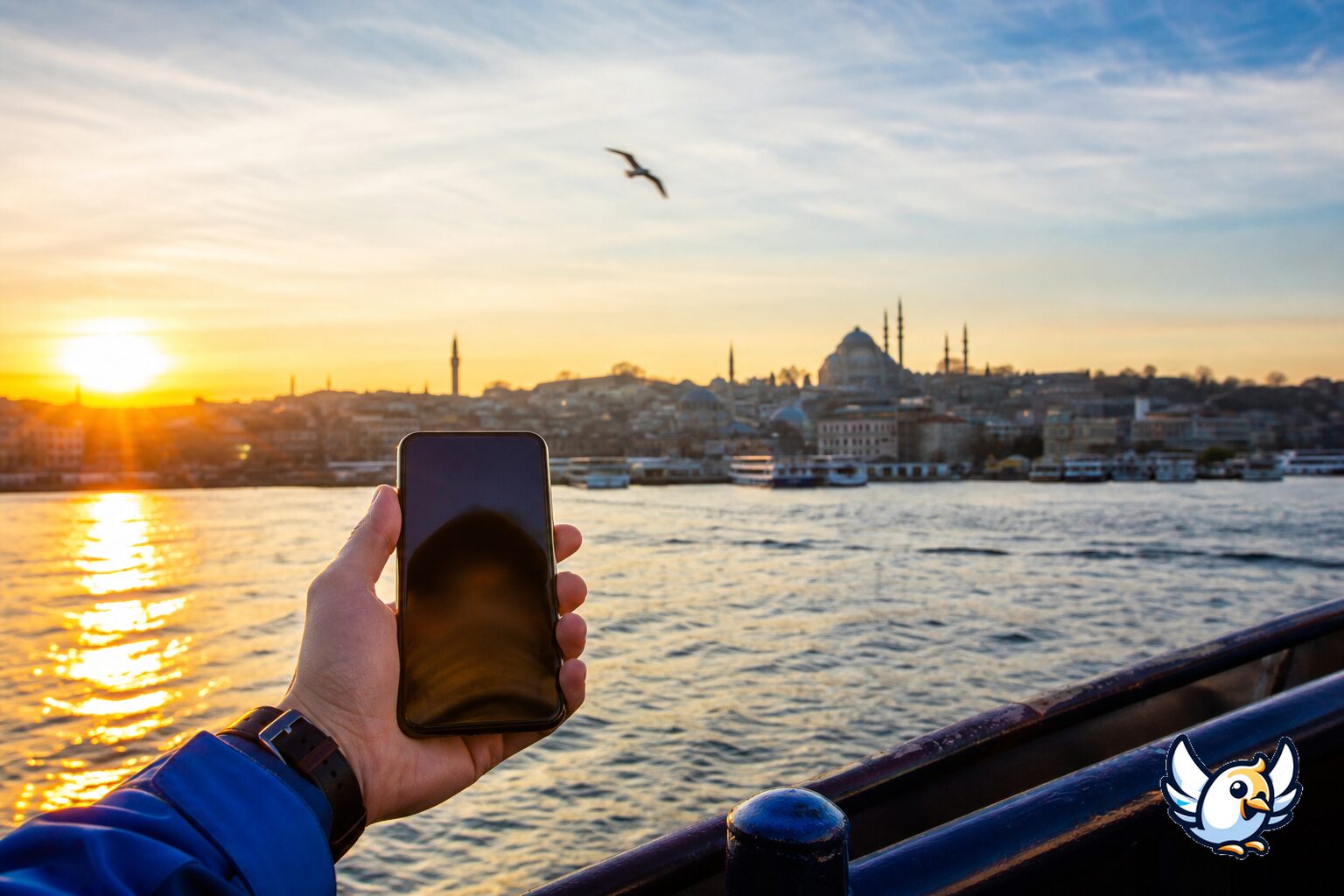 Istanbulin siluetti ja puhelin Turkin eSIM-matkaa varten