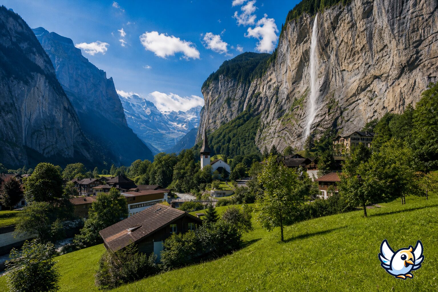 Vall&eacute;e de Lauterbrunnen en Suisse avec des cascades et des falaises alpines
