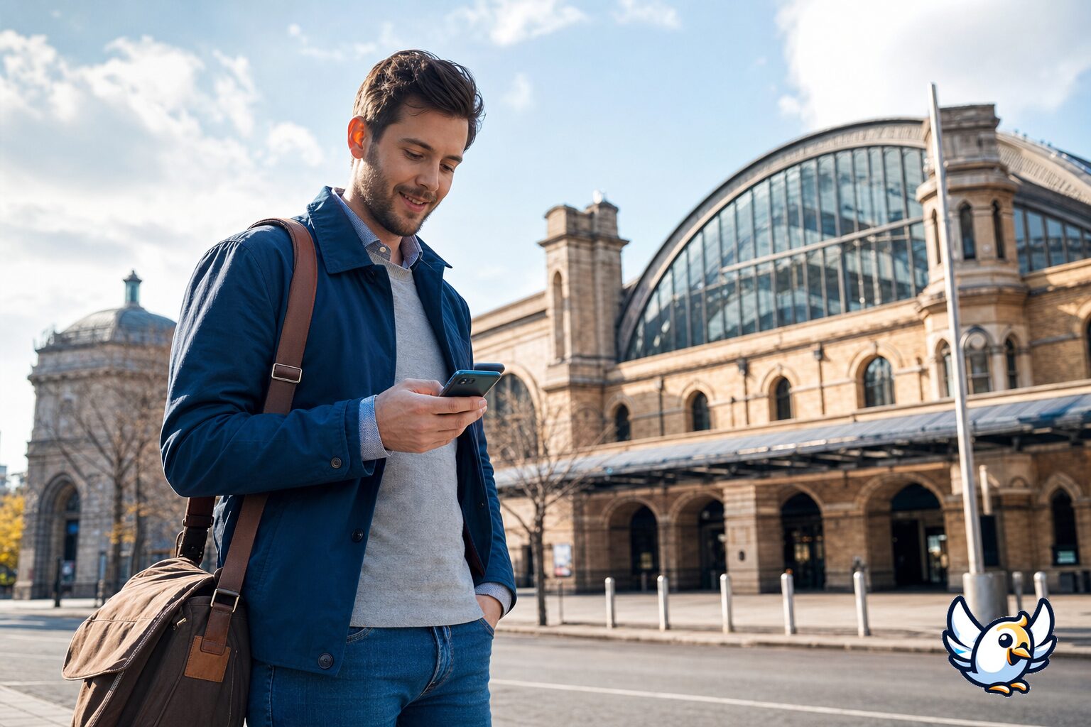 Voyageur consultant son téléphone devant une gare londonienne