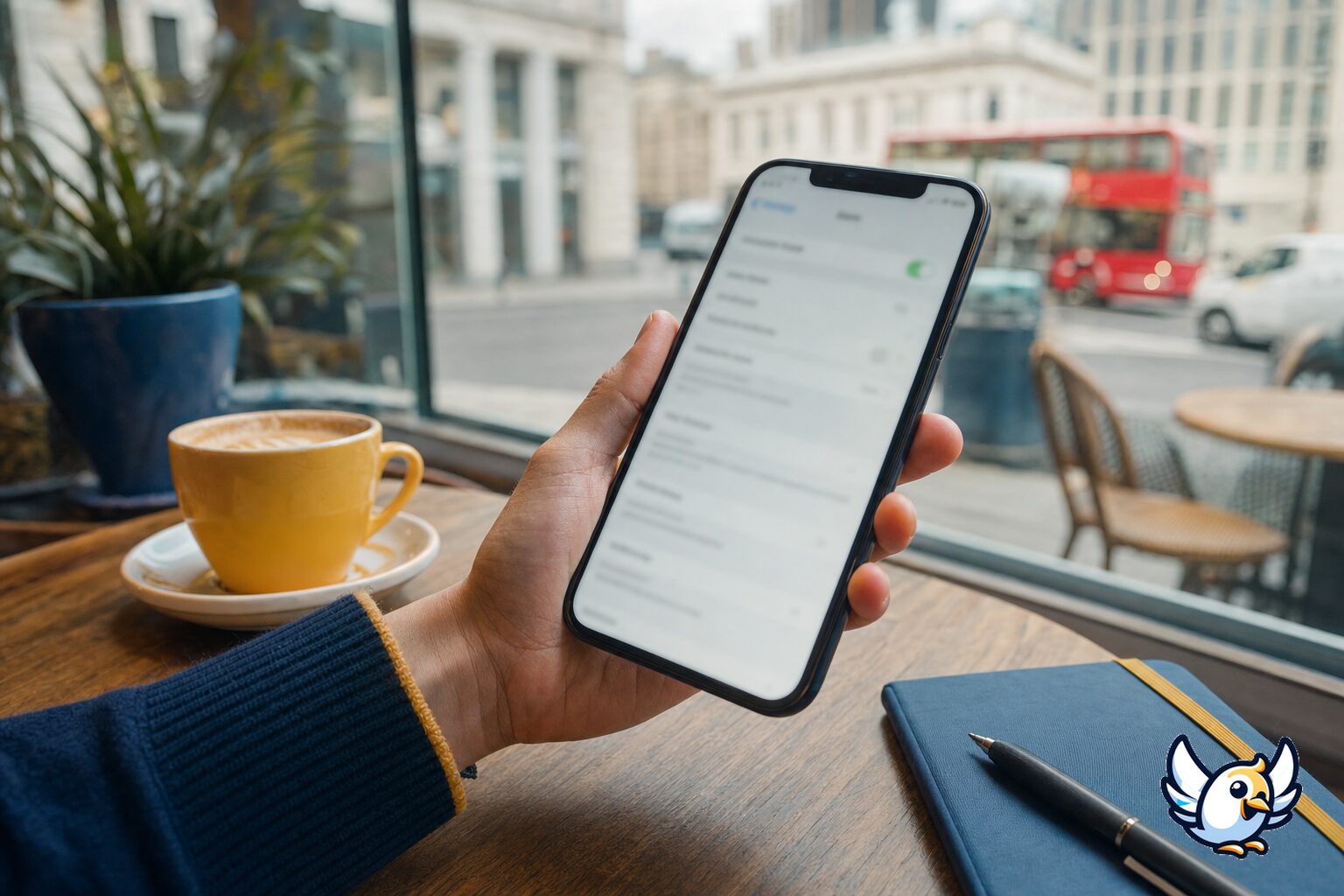 Smartphone affichant les paramètres de données mobiles dans un café londonien