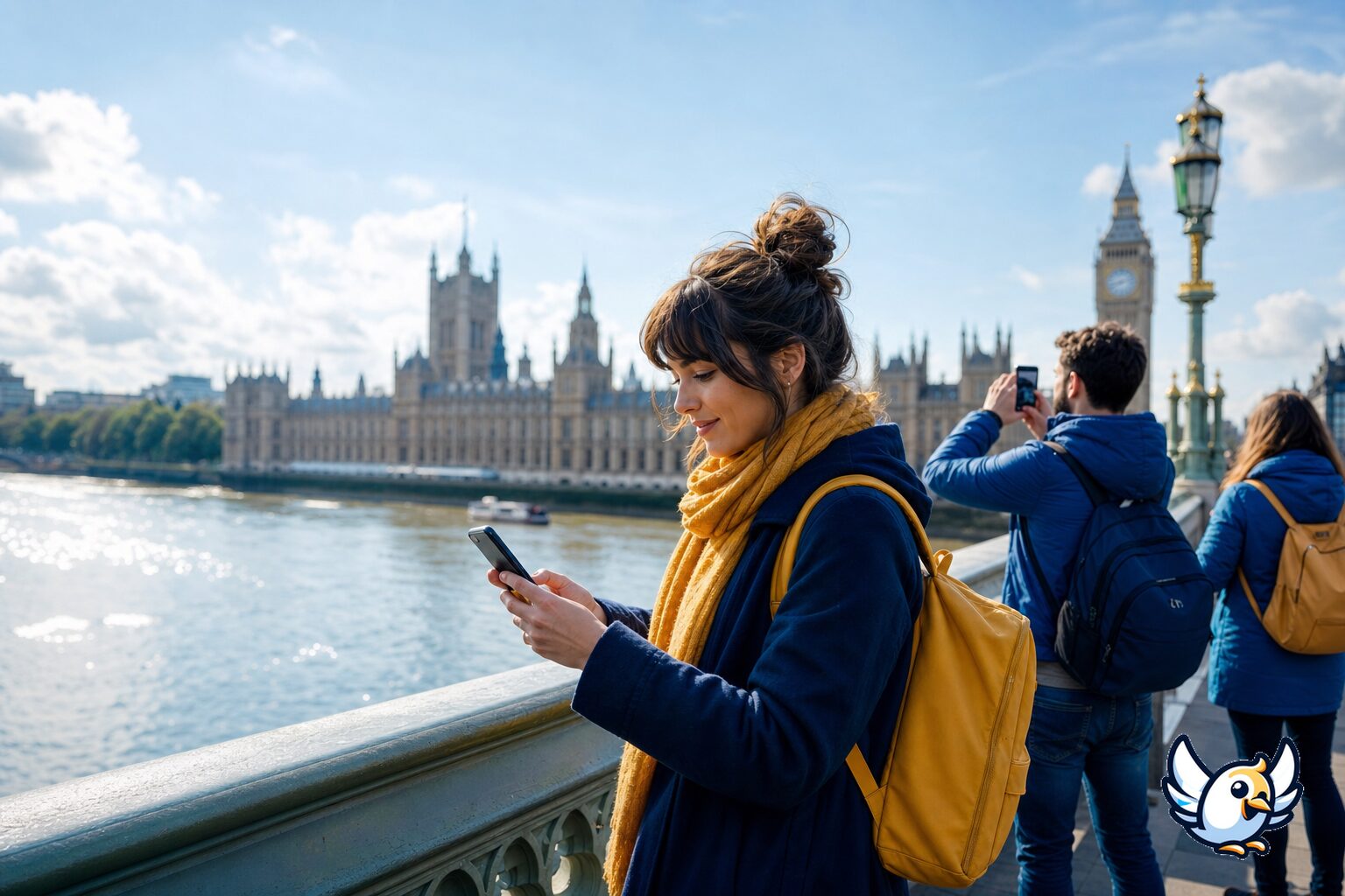 Vue de Londres depuis un pont avec des touristes utilisant leurs smartphones