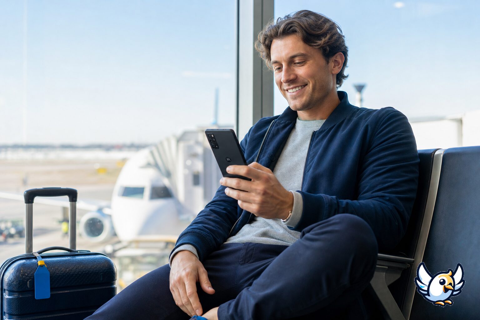 Traveler using an unlocked Motorola phone at an airport gate