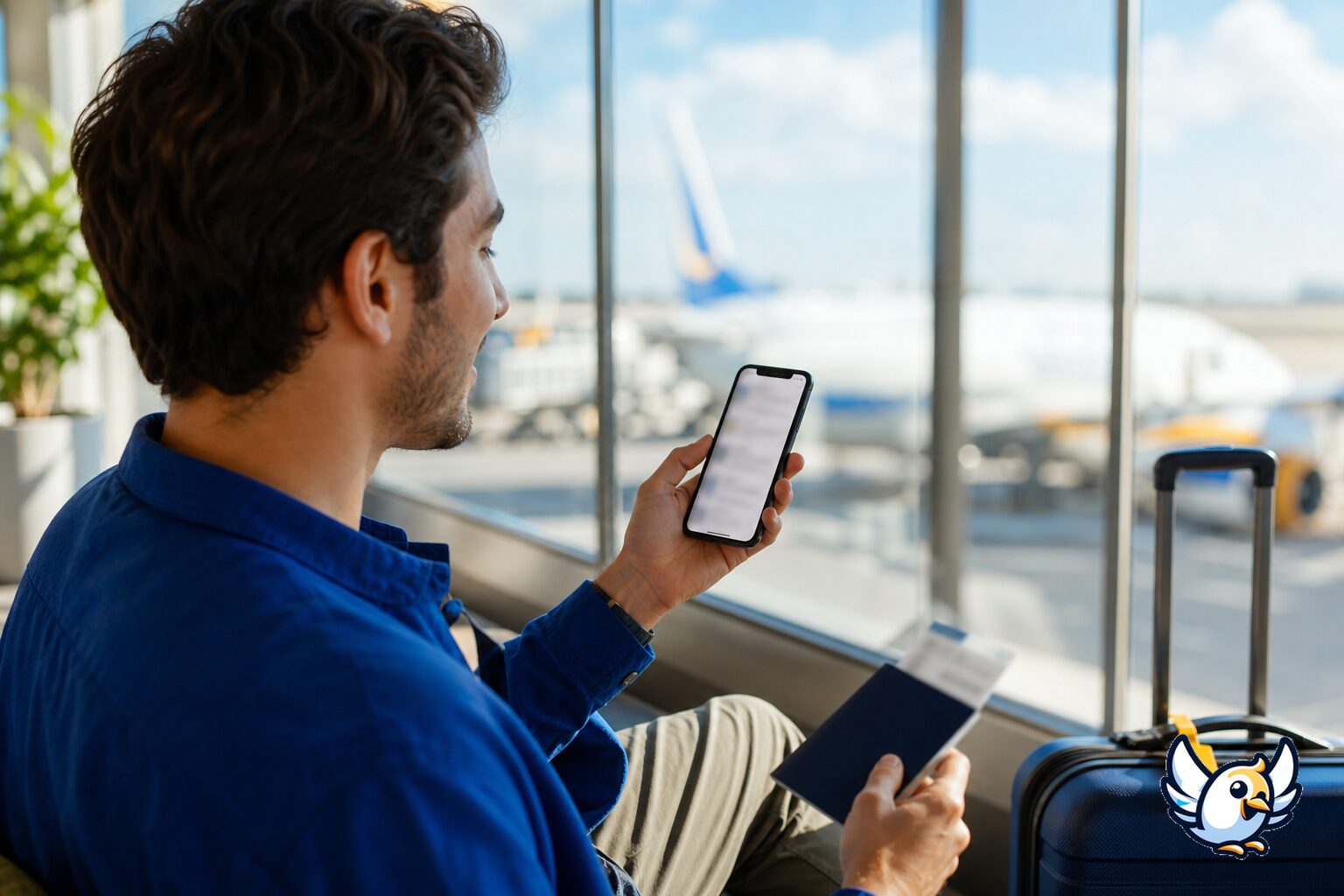Viaggiatore in aeroporto con eSIM e numero principale attivo