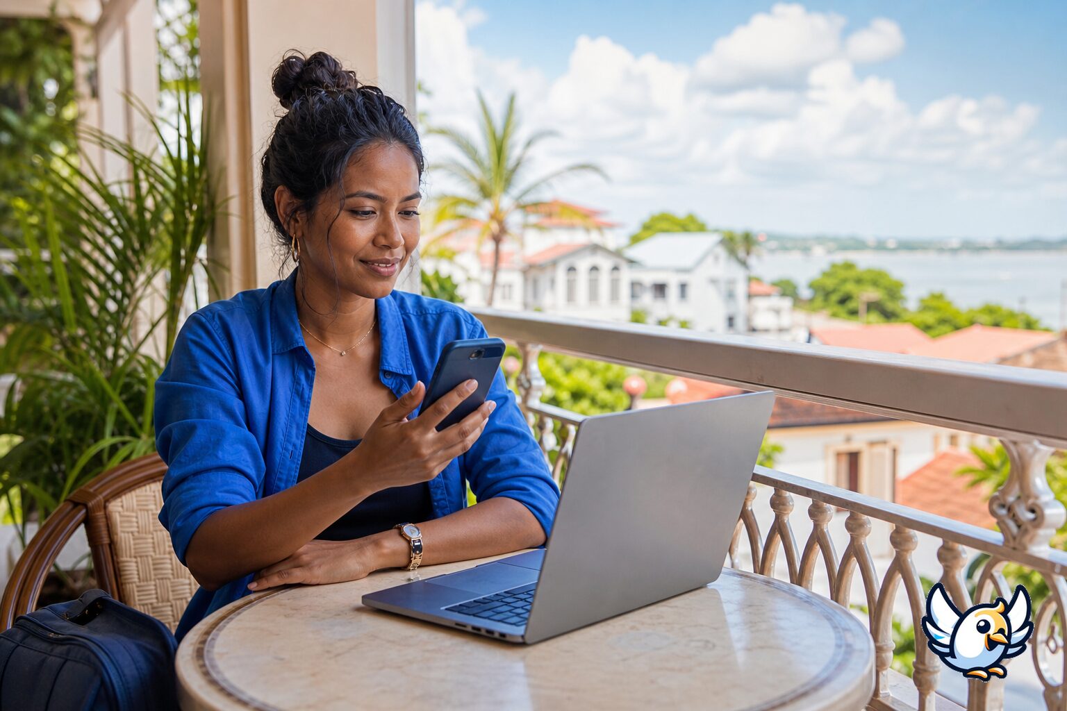 Voyageur connect&eacute; avec smartphone et ordinateur &agrave; Cayenne