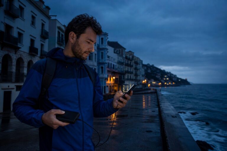 Emergency roaming in Crimea blackouts: traveler checking mobile signal during a power outage