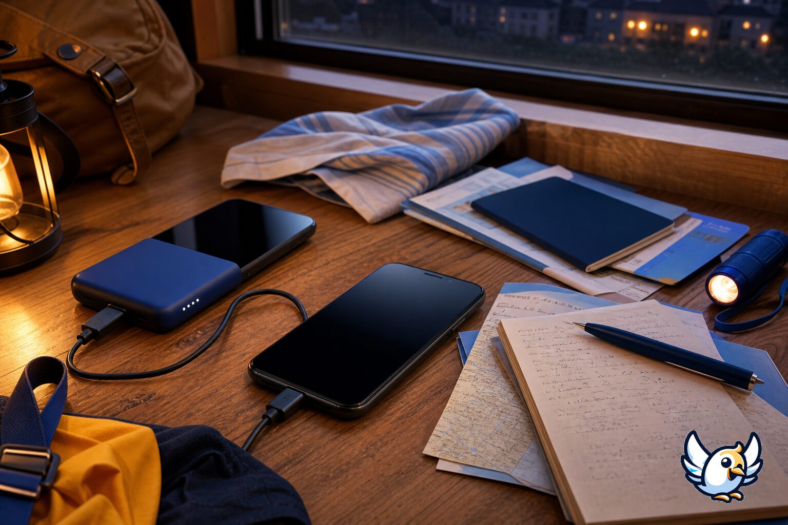 Backup connectivity kit for blackouts with smartphone, power bank and downloaded maps