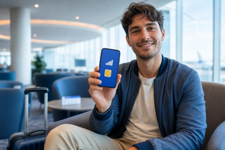 Best free eSIM card with free service: traveler checking an eSIM on a smartphone before departure