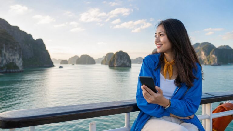 Carte SIM préactivée Vietnam en ligne : voyageur connecté dans la baie d’Ha Long
