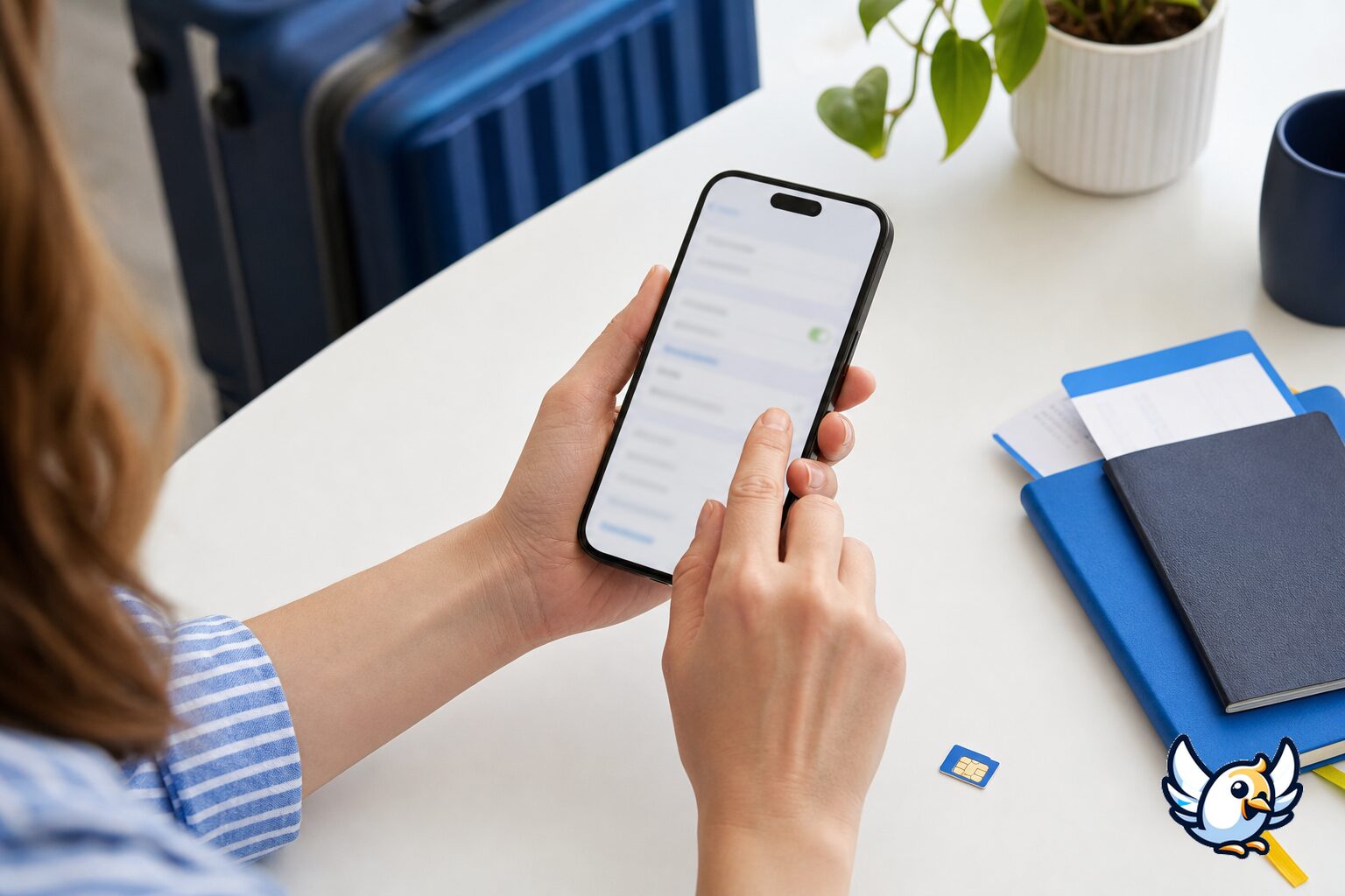 Person som kontrollerar eSIM-inställningar på iPhone med SIM-kort bredvid