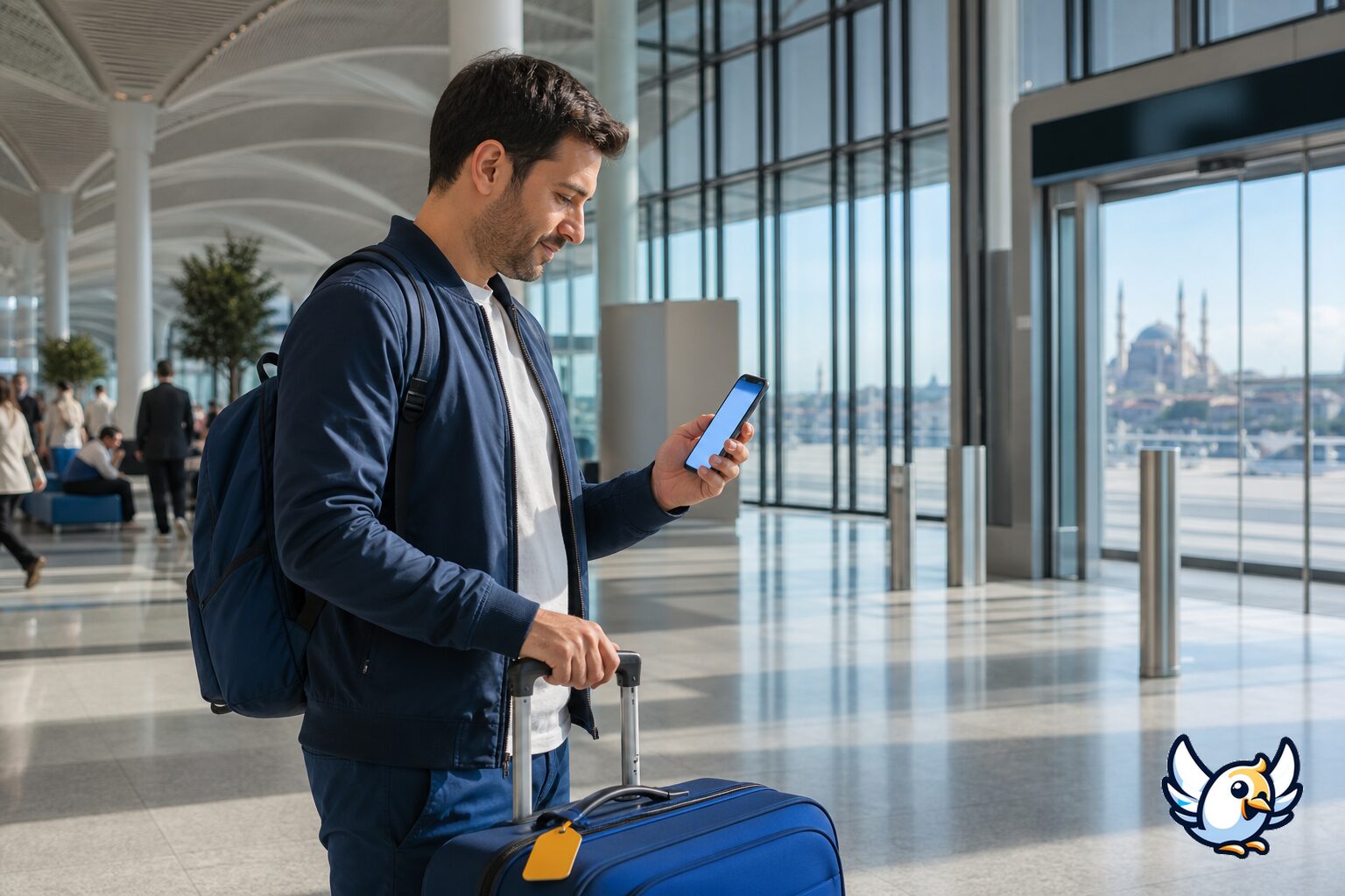 Podróżny sprawdza roaming w telefonie na lotnisku w Stambule