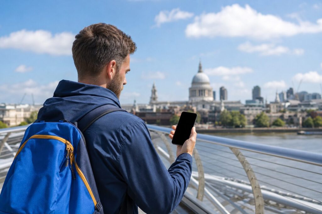 Prepaid SIM card England guide with a traveler using mobile data