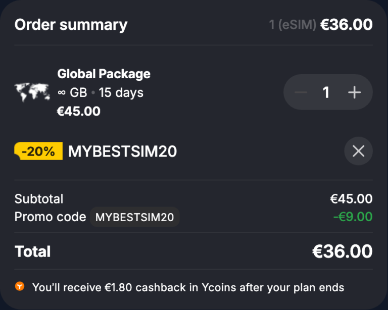Riepilogo ordine Yesim con il codice sconto MYBESTSIM20 applicato e -20% di sconto