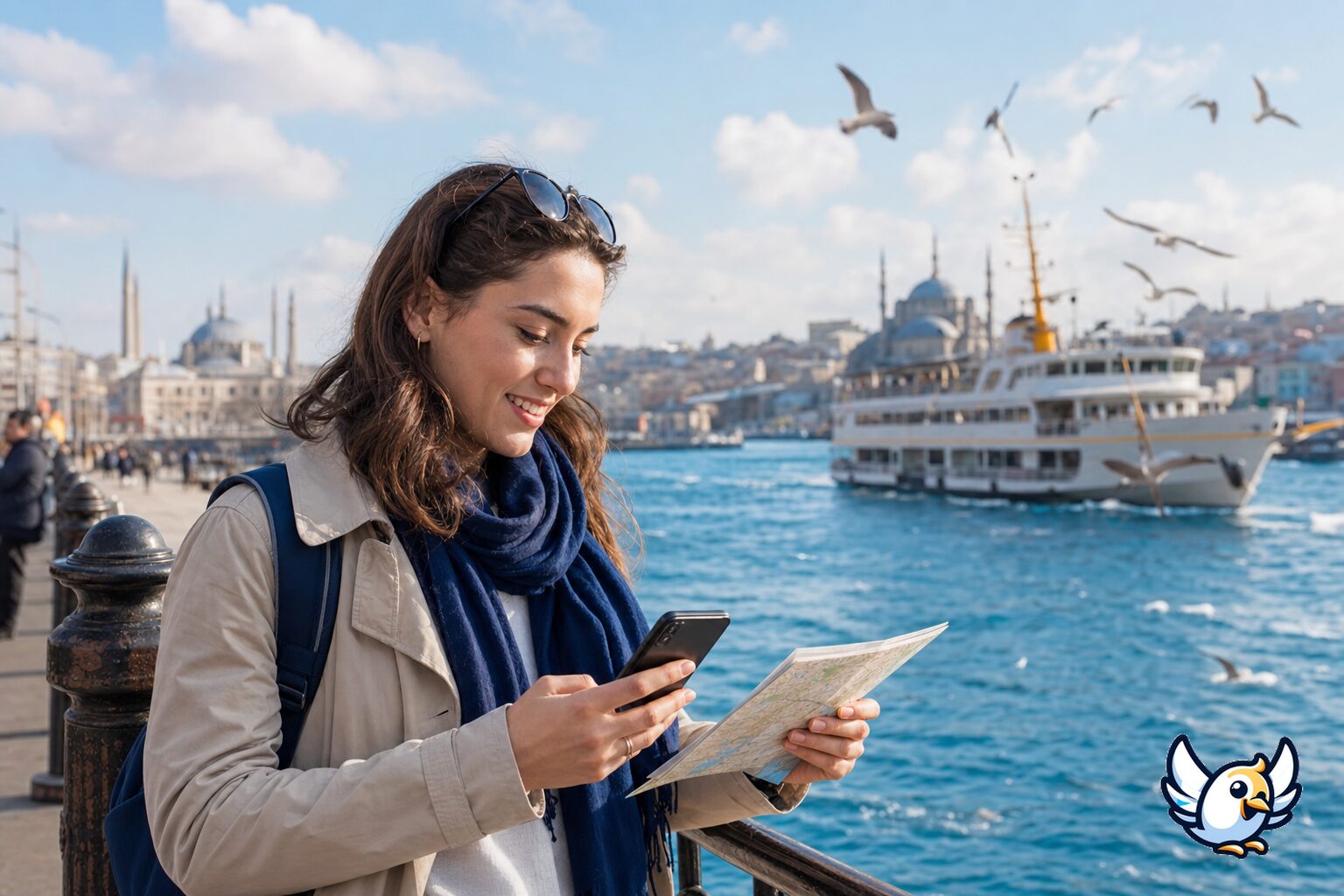 Putnik u Istanbulu provjerava kartu na pametnom telefonu uz Bospor
