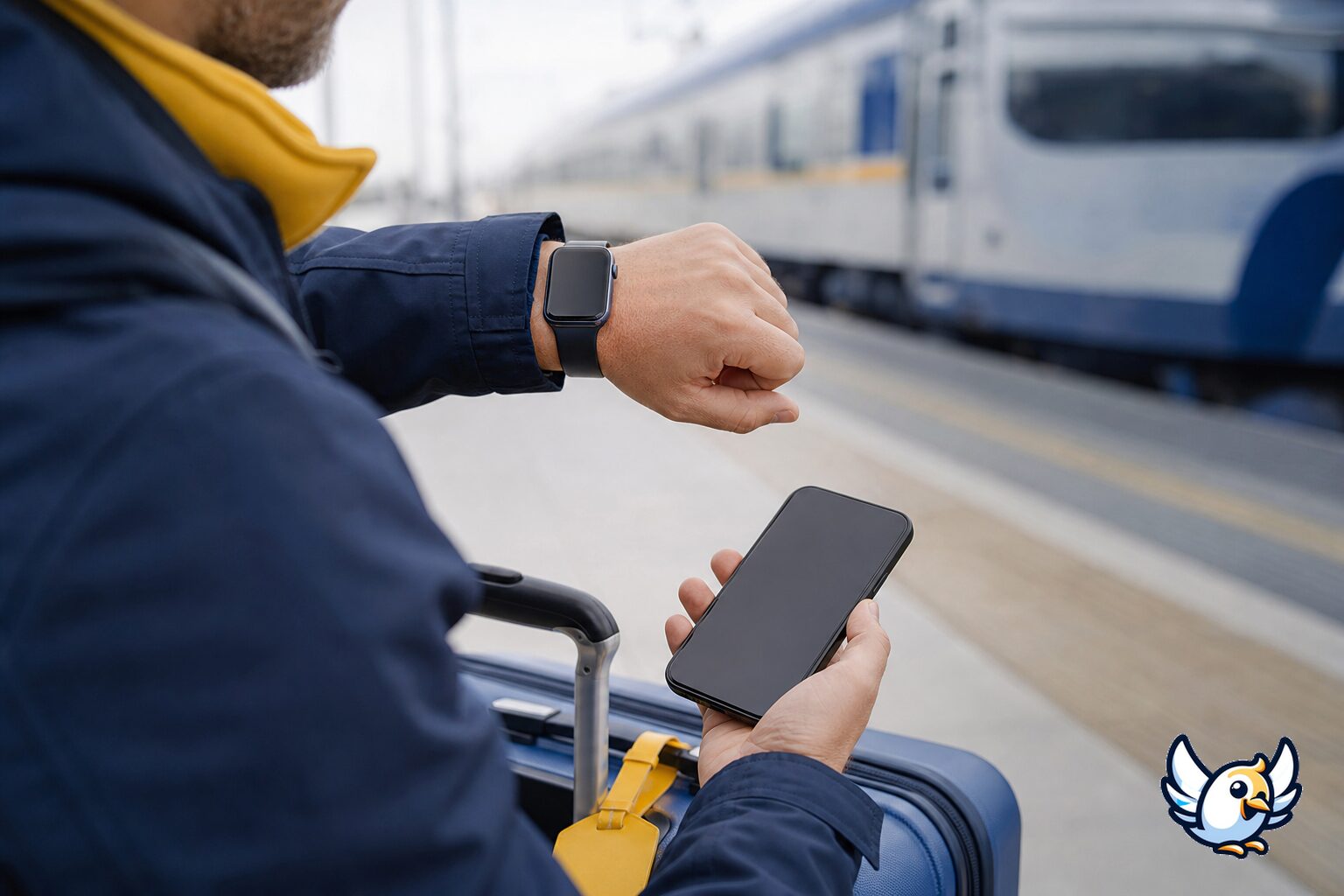 Reisender nutzt Apple Watch eSIM am Bahnhof