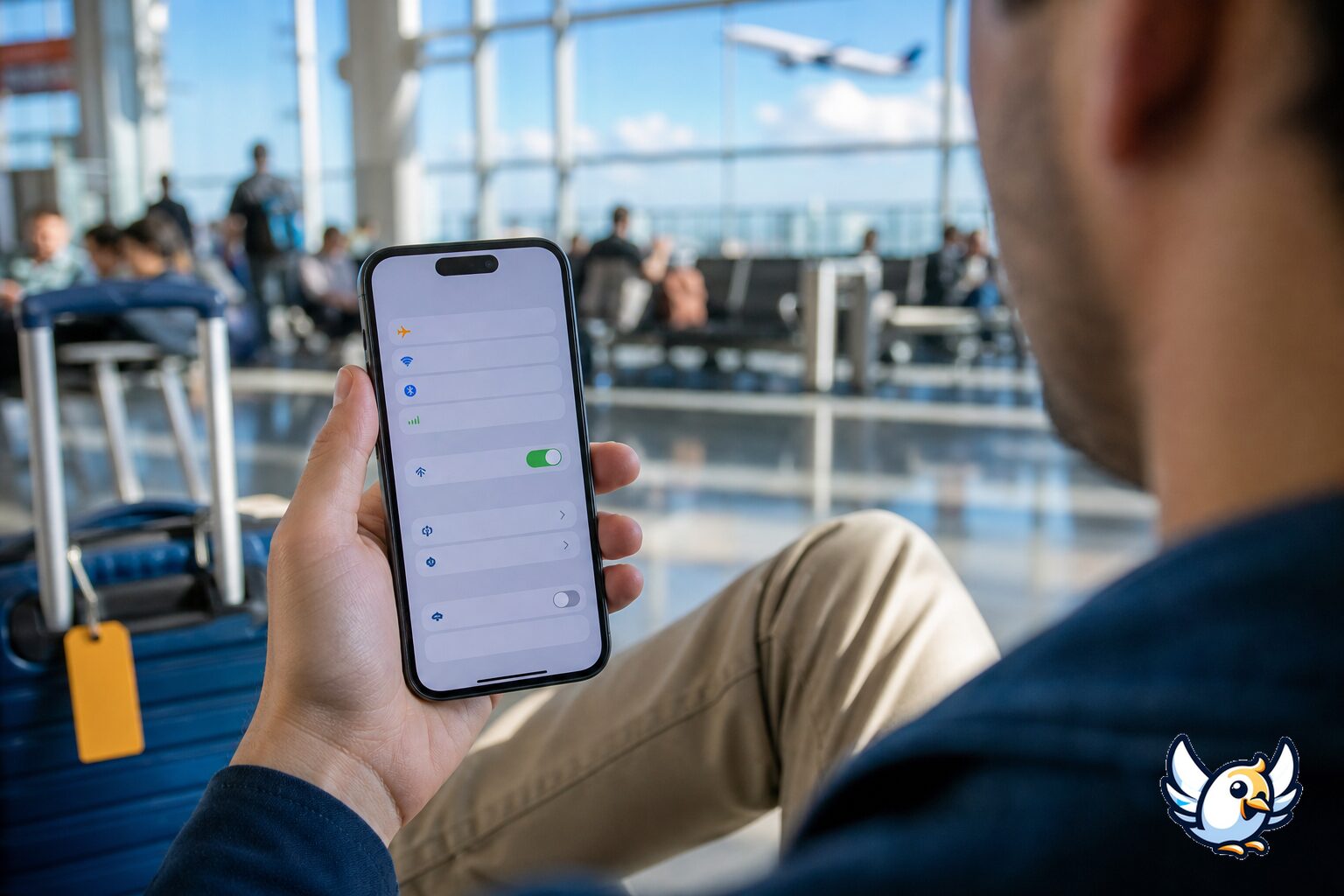 Reisender prüft eSIM-Kompatibilität am Smartphone im Flughafenterminal