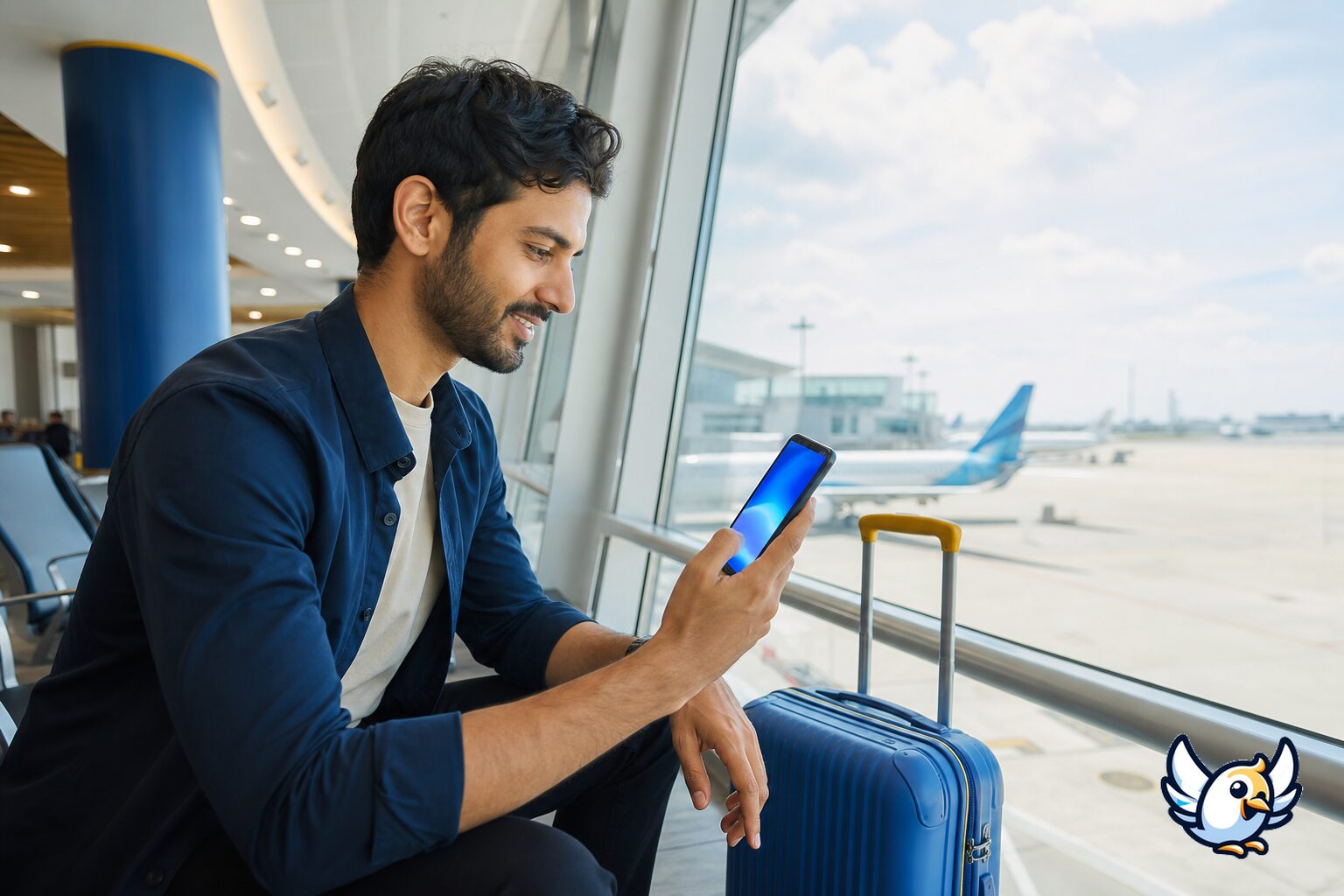 Reiziger controleert mobiele netwerkdekking op een smartphone op de luchthaven