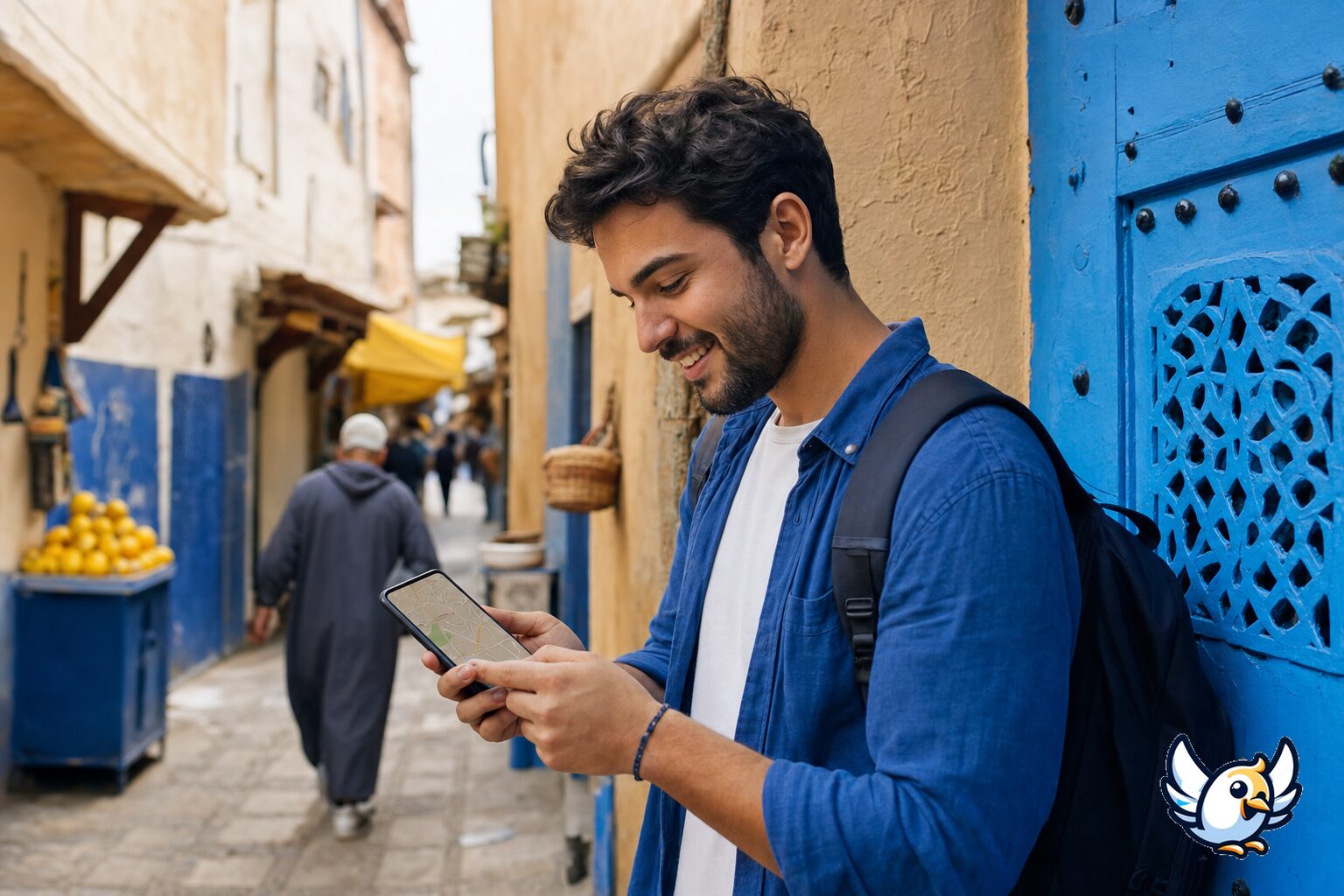 Reiziger gebruikt mobiele 4G in een Marokkaanse medina