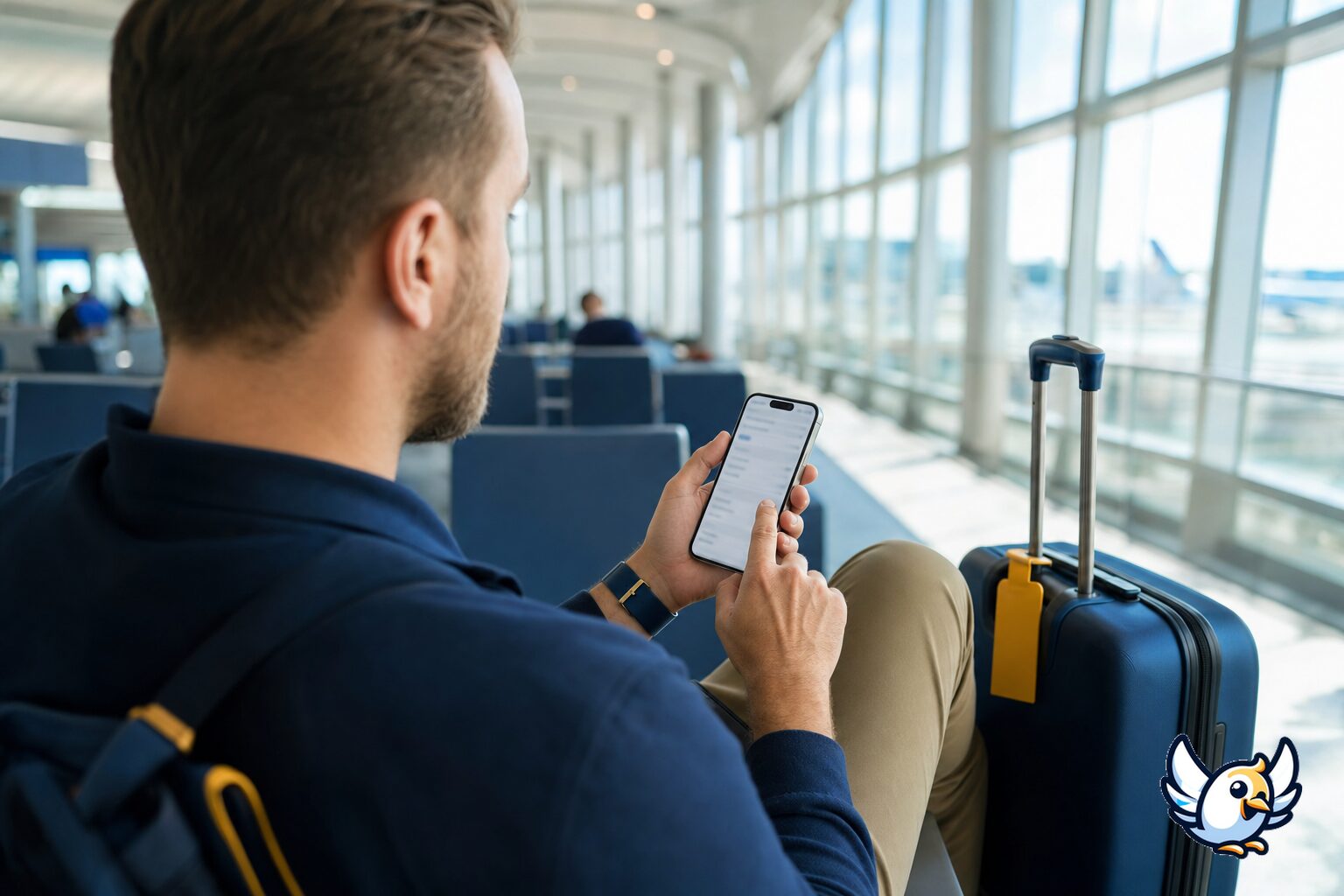 Reiziger stelt mobiele data in op iPhone 15 voor vertrek