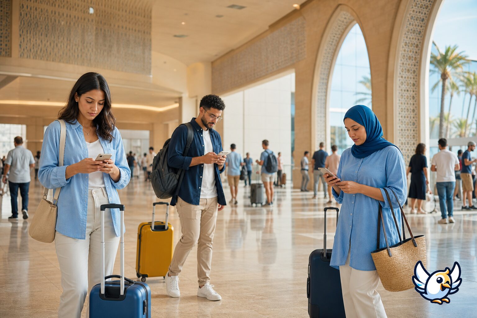 Reizigers controleren hun telefoon op een luchthaven in Marokko