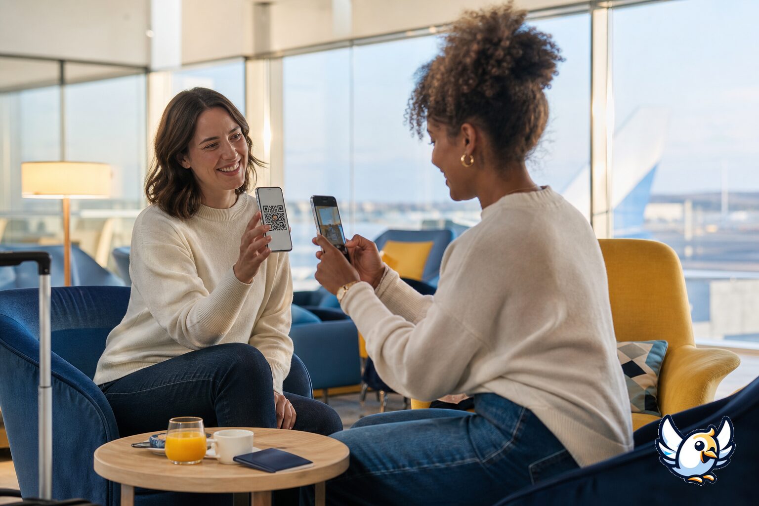 Rejsende scanner en eSIM QR-kode p&aring; smartphone i lufthavnen