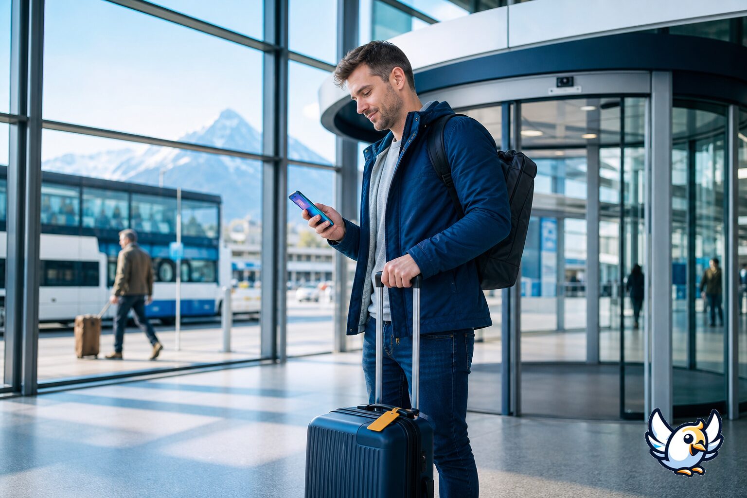 Roaming en Suisse : voyageur &agrave; l&rsquo;a&eacute;roport avec eSIM et smartphone pr&ecirc;t pour la connexion