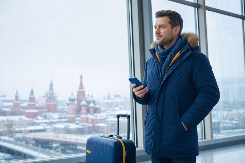 Russia prepaid SIM card balance ban: traveler checking mobile connection before arrival